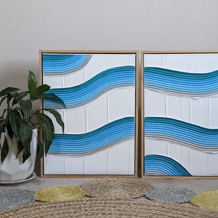 Unified Flow: Handmade Textured Blue Wave Wall Art Set of 2 Original Canvas 30cm x 40cm