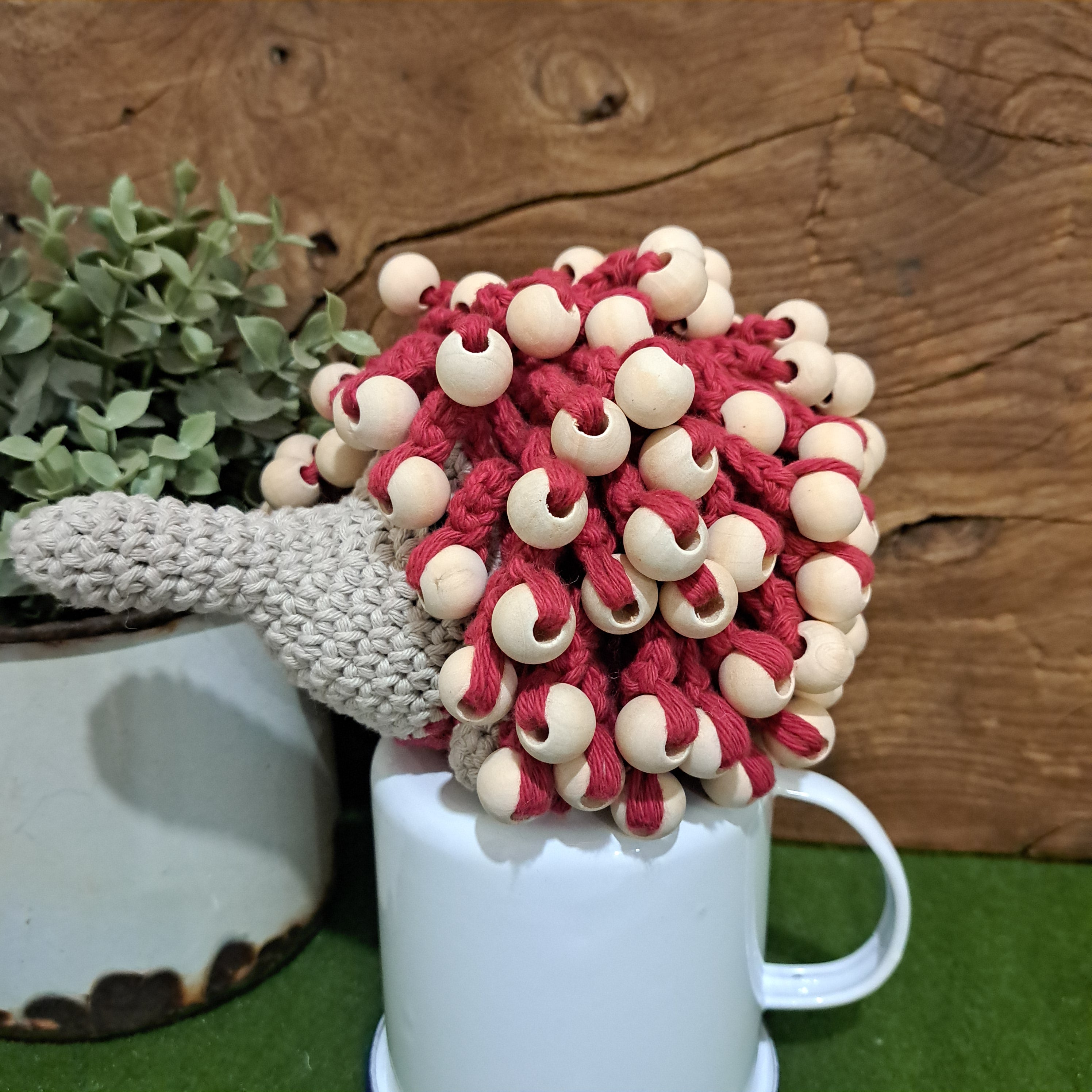 Handmade crochet echidna red cotton wooden beads