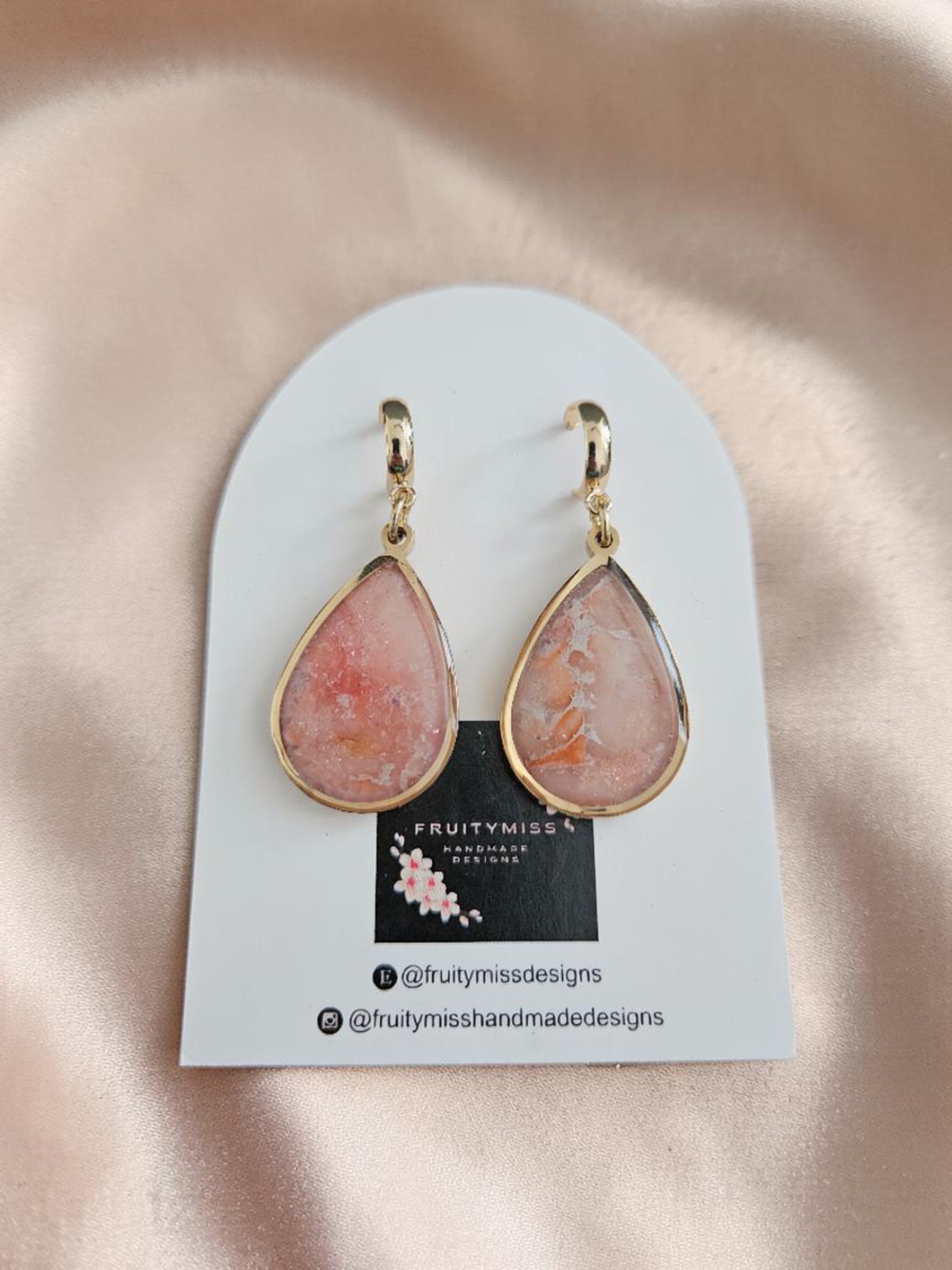 Teardrop Polymer Clay Earrings - Peach and Cream Stone