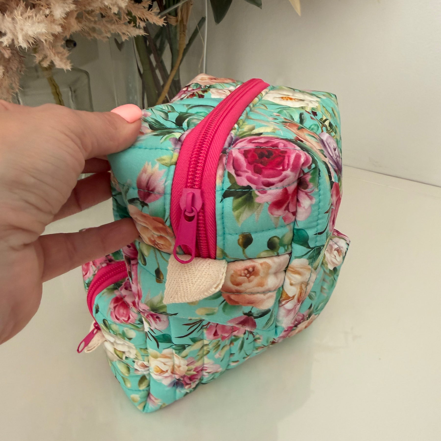 Set of 2 - Floral Boxy Zipper Pouch - Aqua Floral