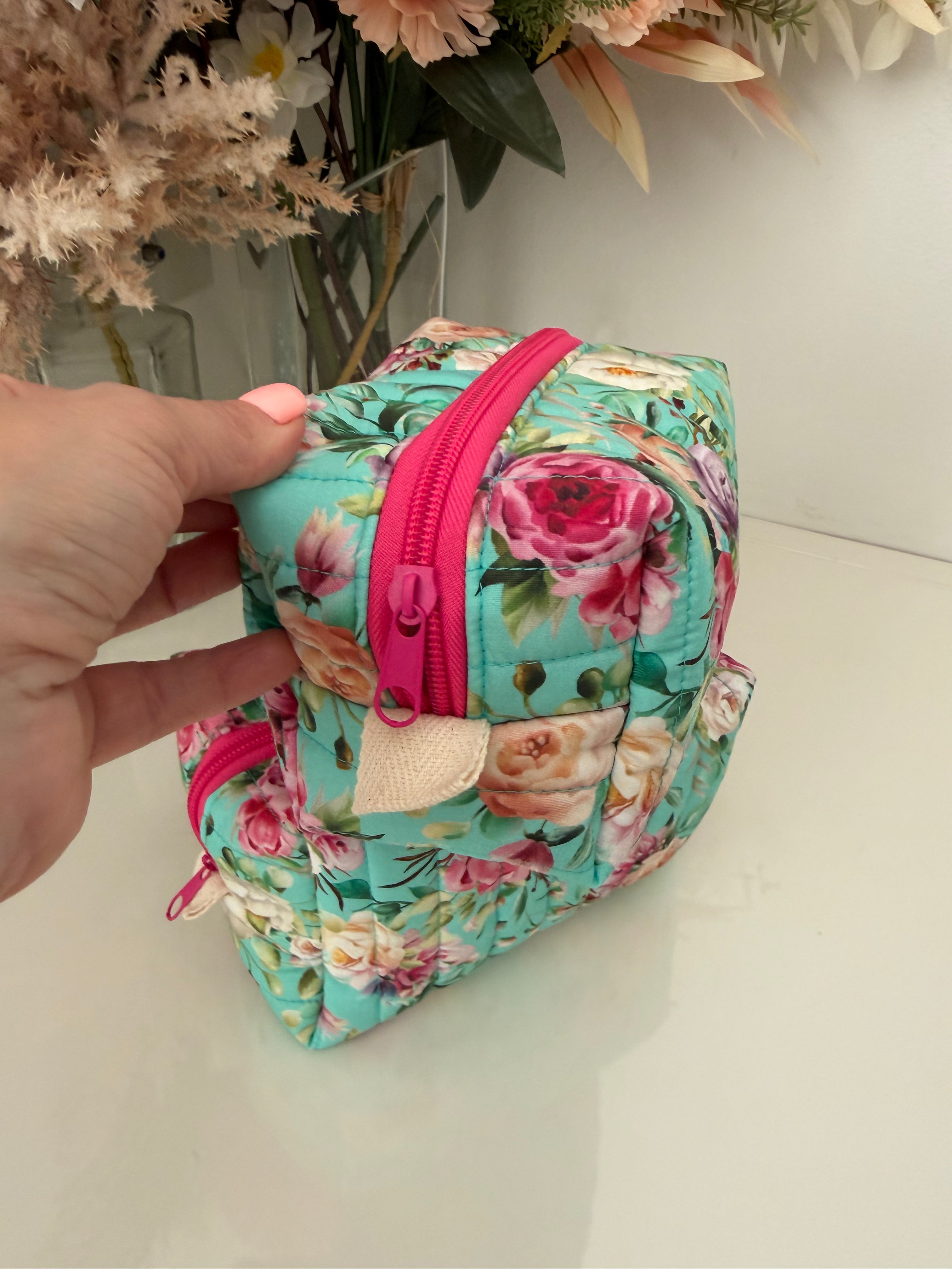 Set of 2 - Floral Boxy Zipper Pouch - Aqua Floral