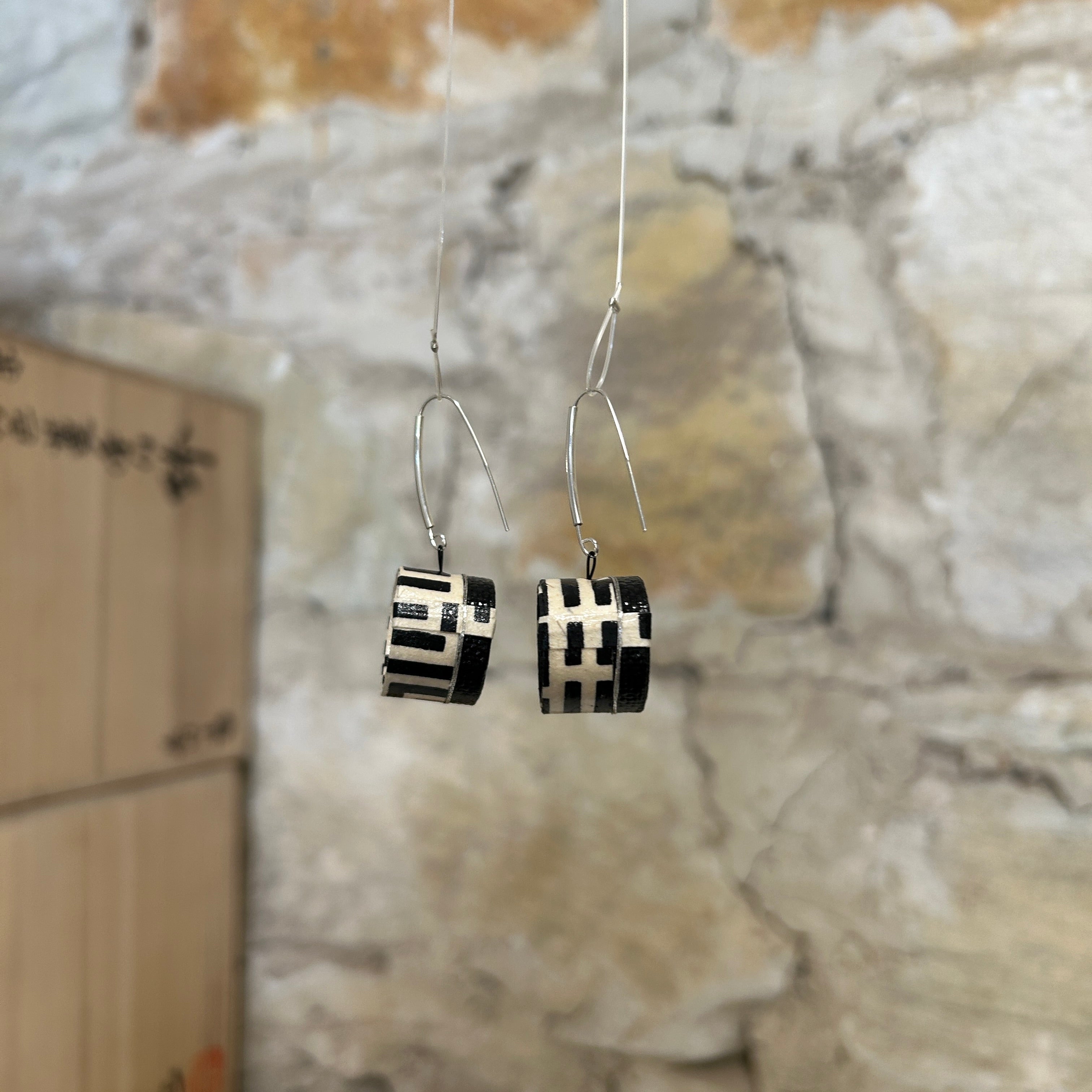 Black White Silver Cylinder Earrings: 5cm x 2cm