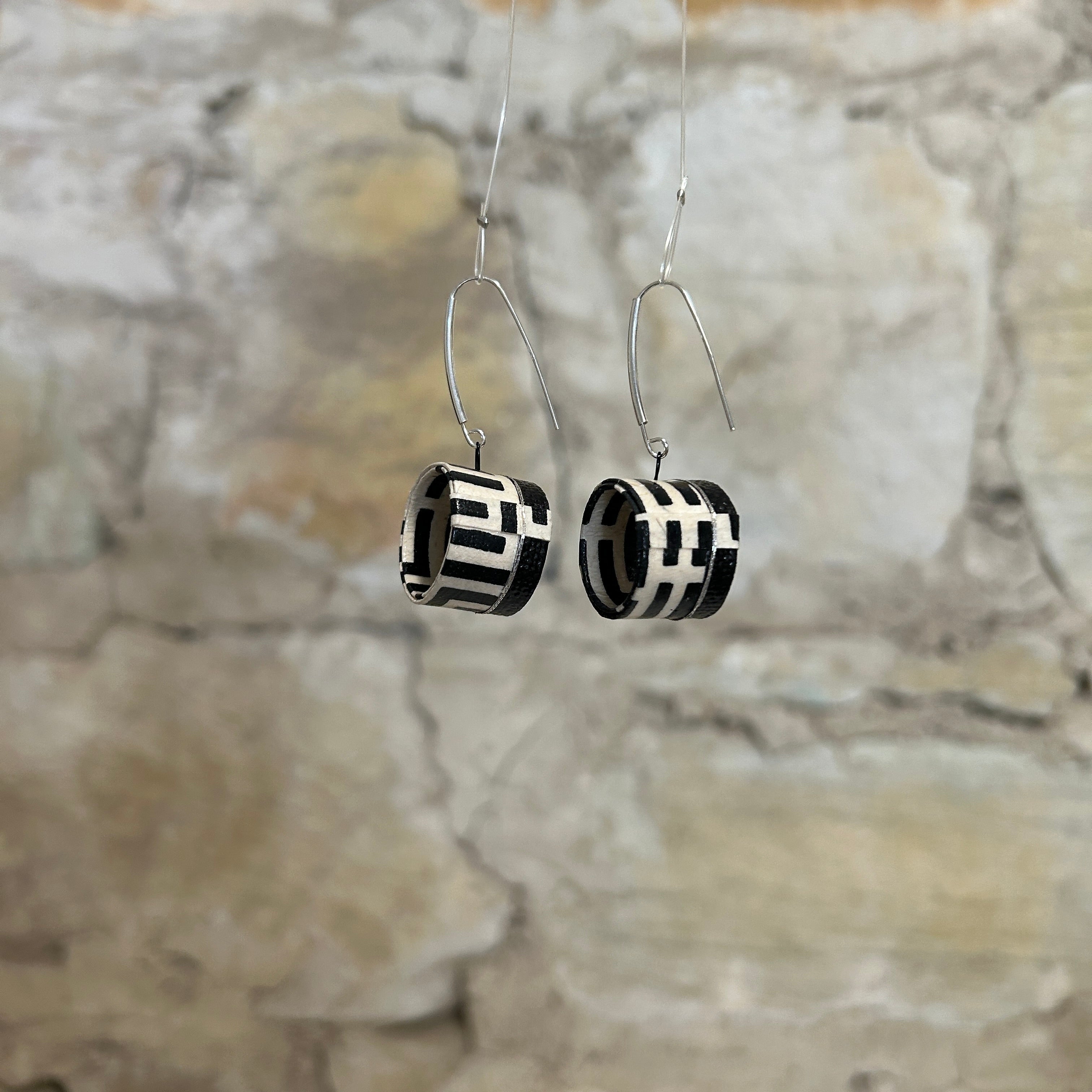 Black White Silver Cylinder Earrings: 5cm x 2cm