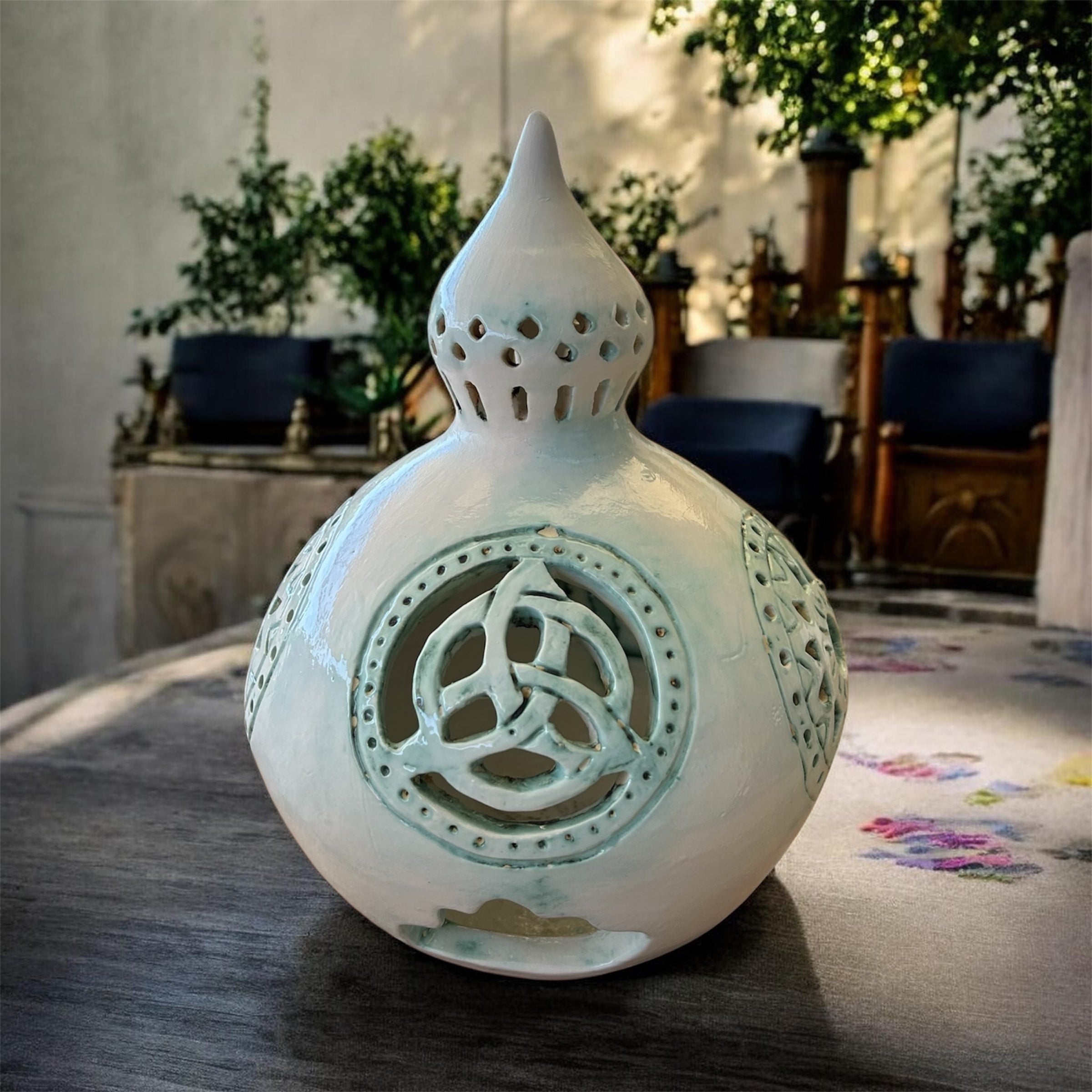 Ceramic hand carved lantern