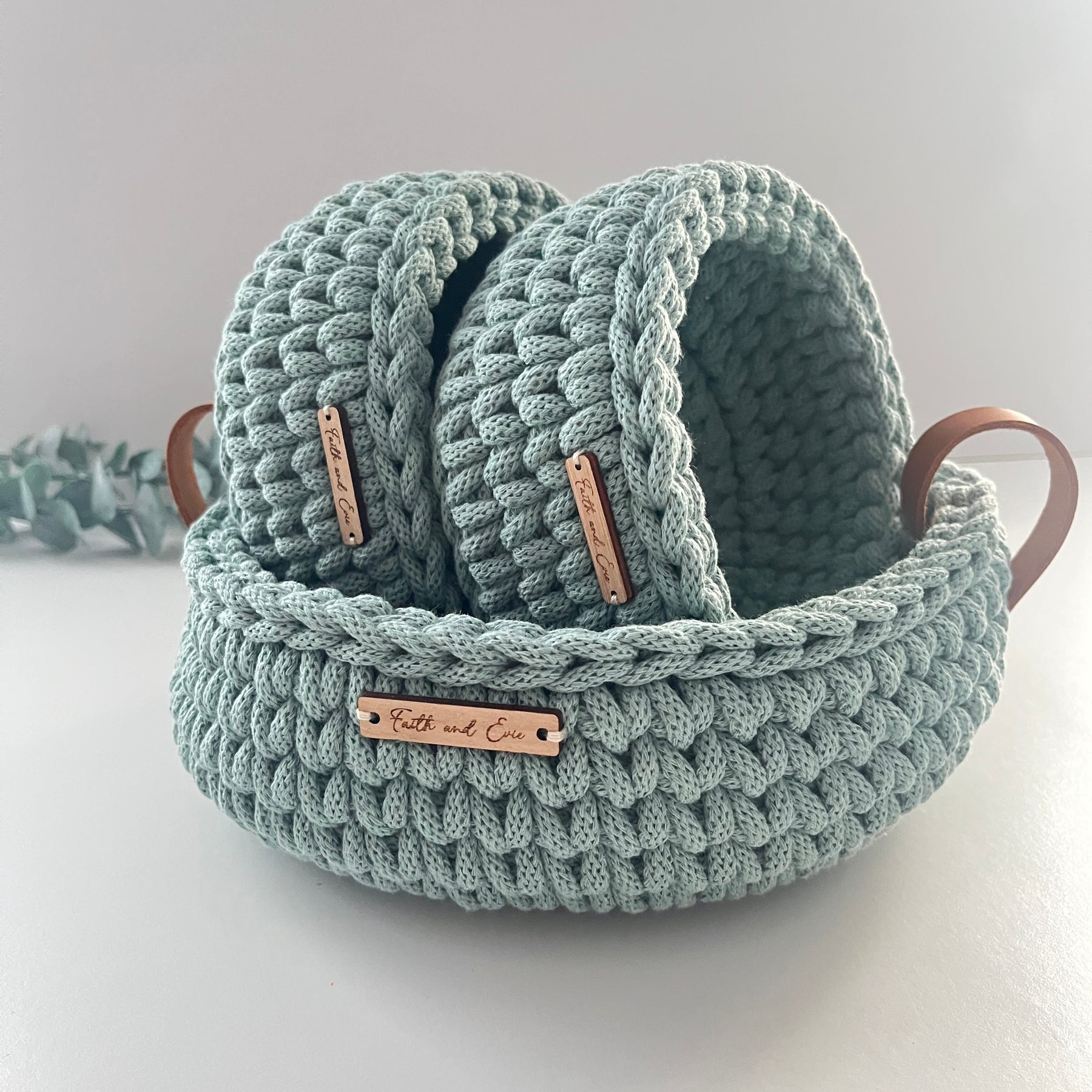Crochet basket with handles - colour Duck Egg
