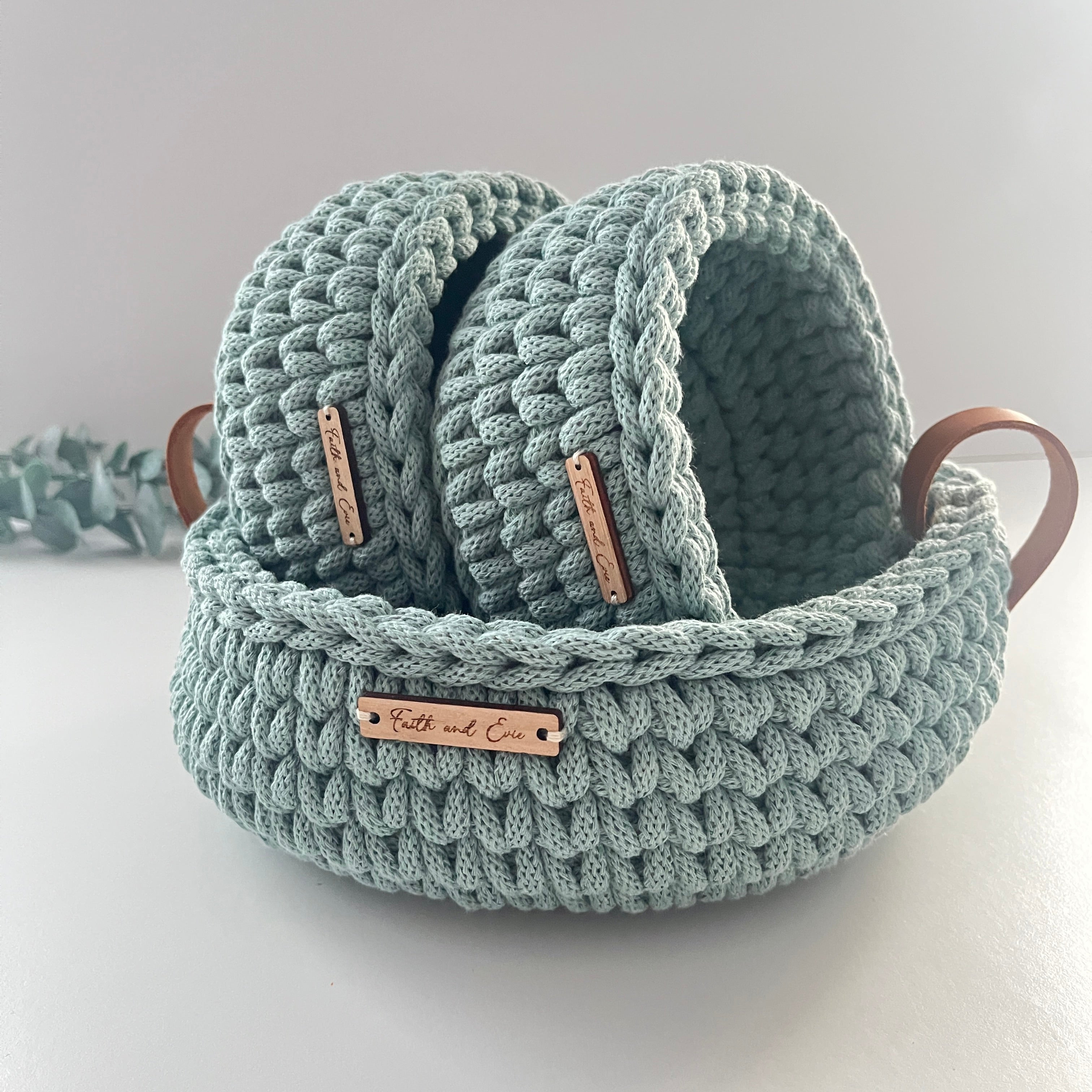 Crochet basket with handles - colour Duck Egg