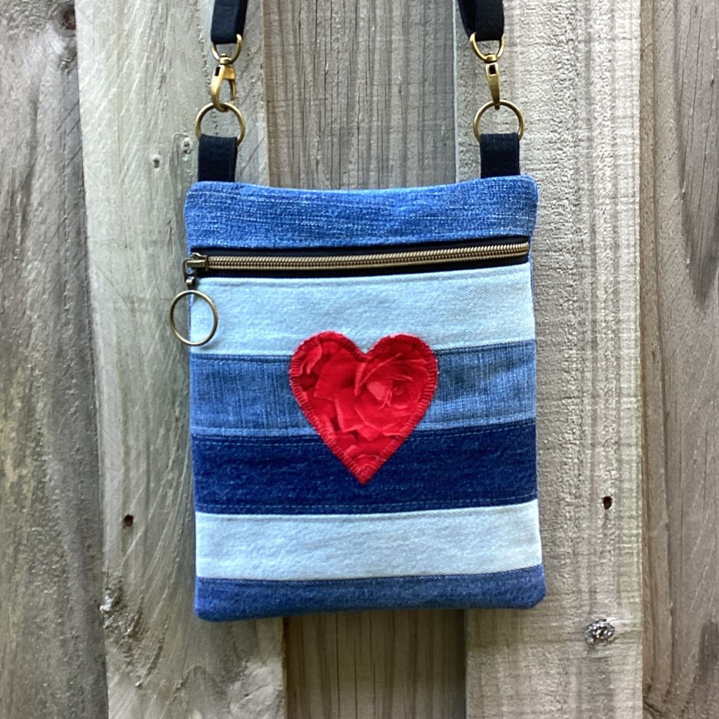 Upcycled Denim Crossbody Bag - Red Rose Heart