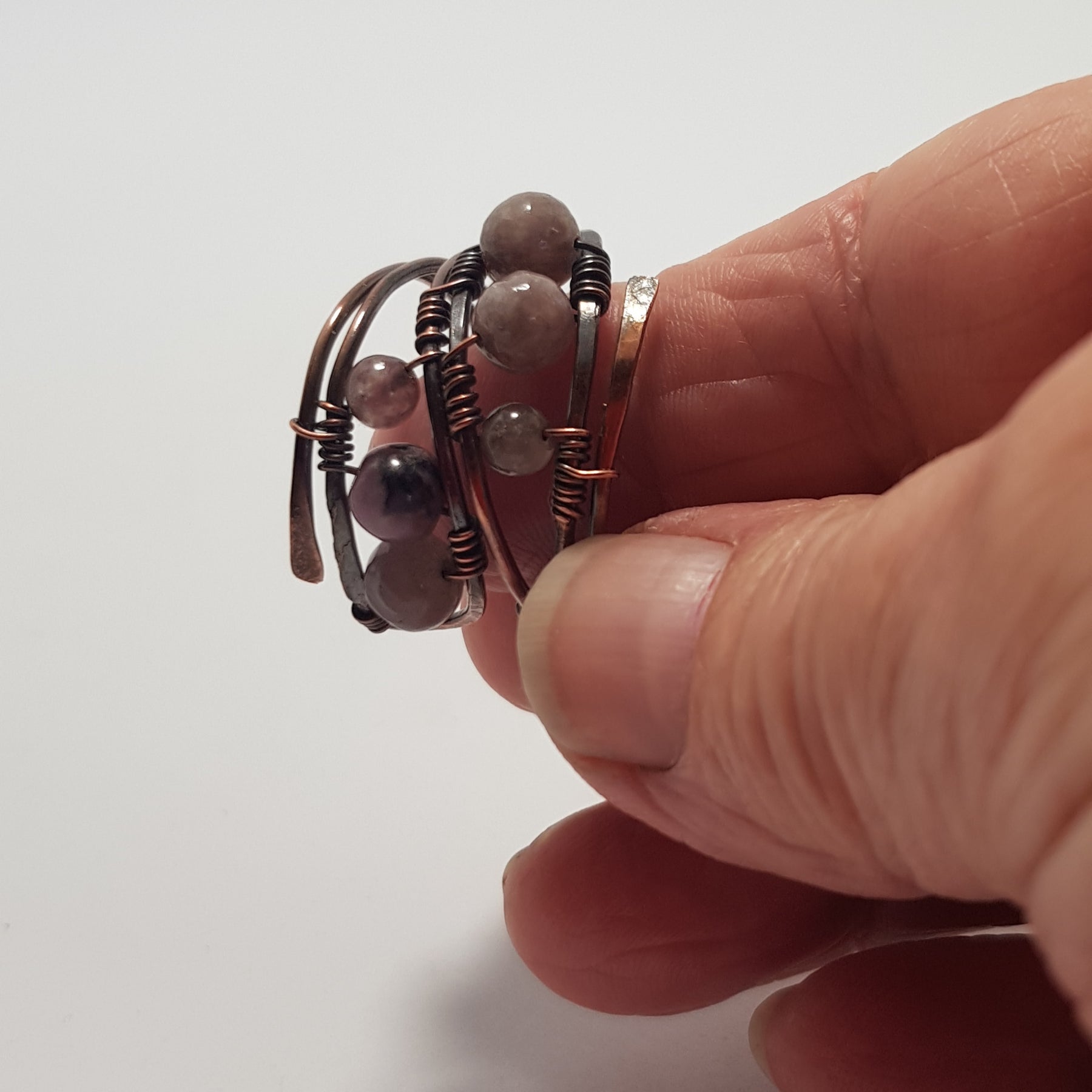 Amethyst and Hematite beaded copper rings #699AM/R + #700AM/R