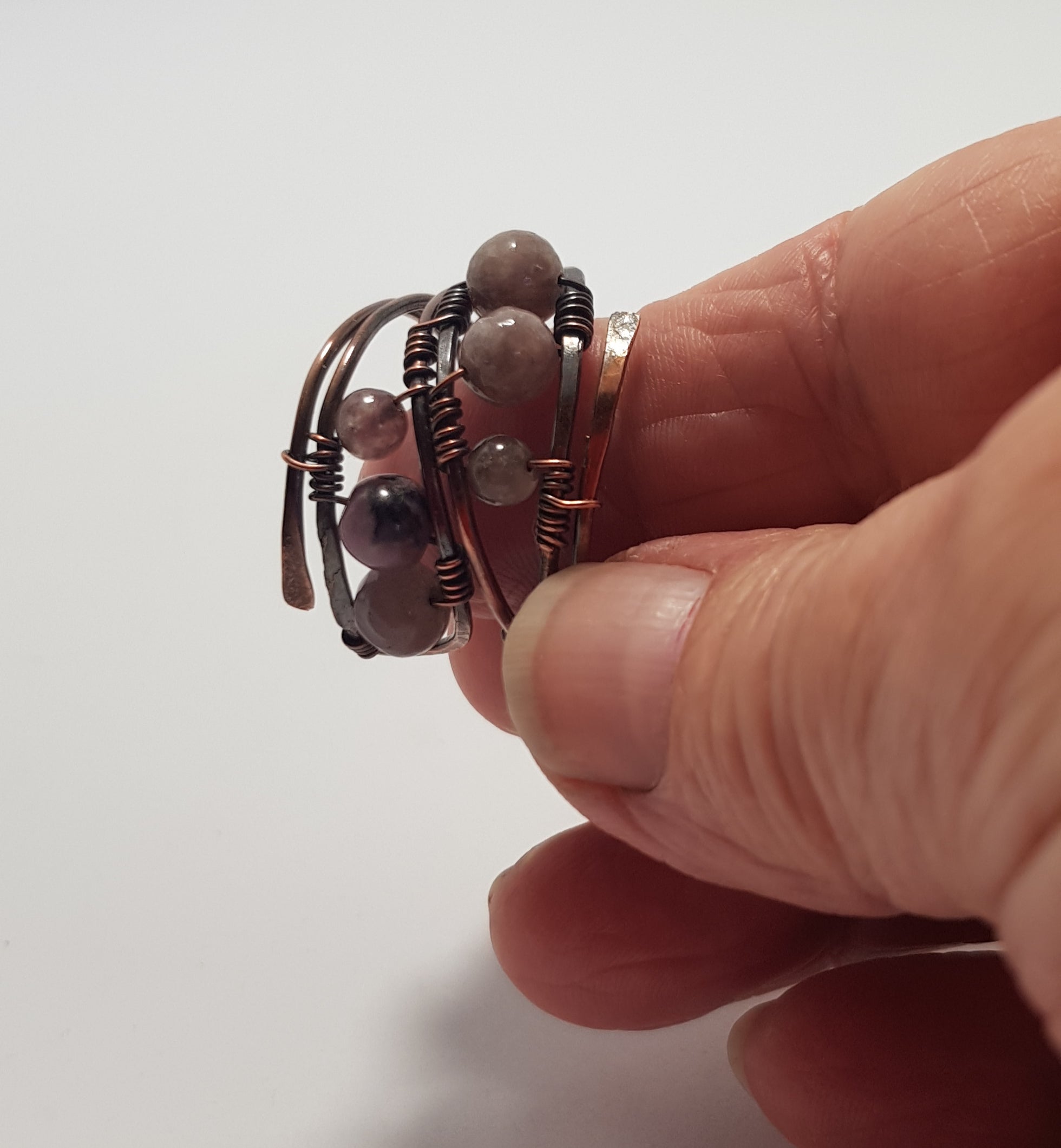 Amethyst and Hematite beaded copper rings #699AM/R + #700AM/R