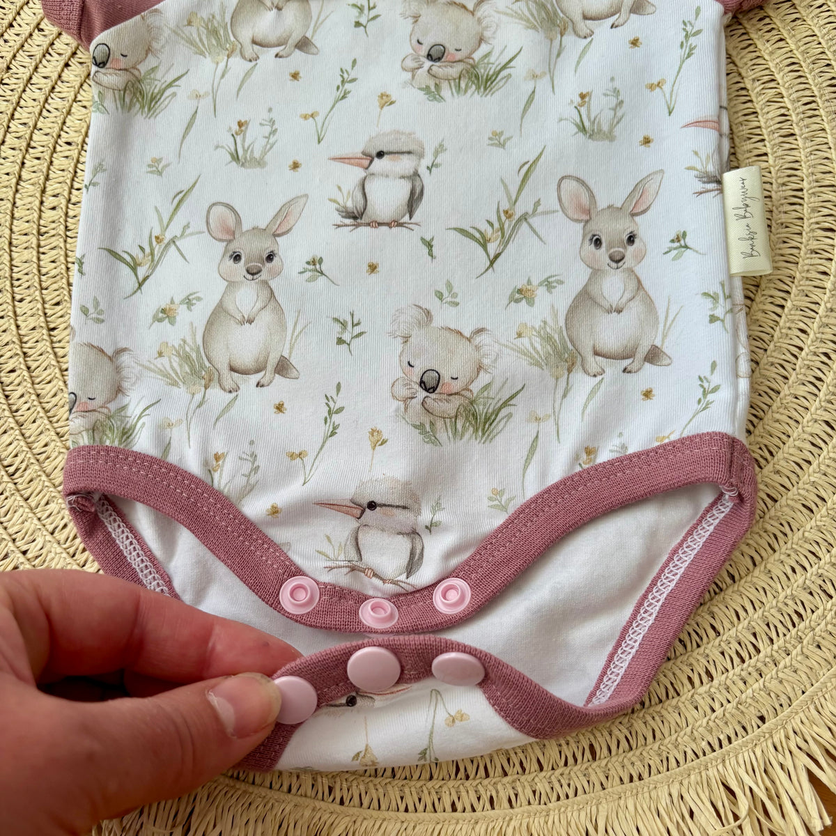 Baby Short Sleeved Bodysuit | Kangaroo Fields | Size premmie to 2 | Made to order