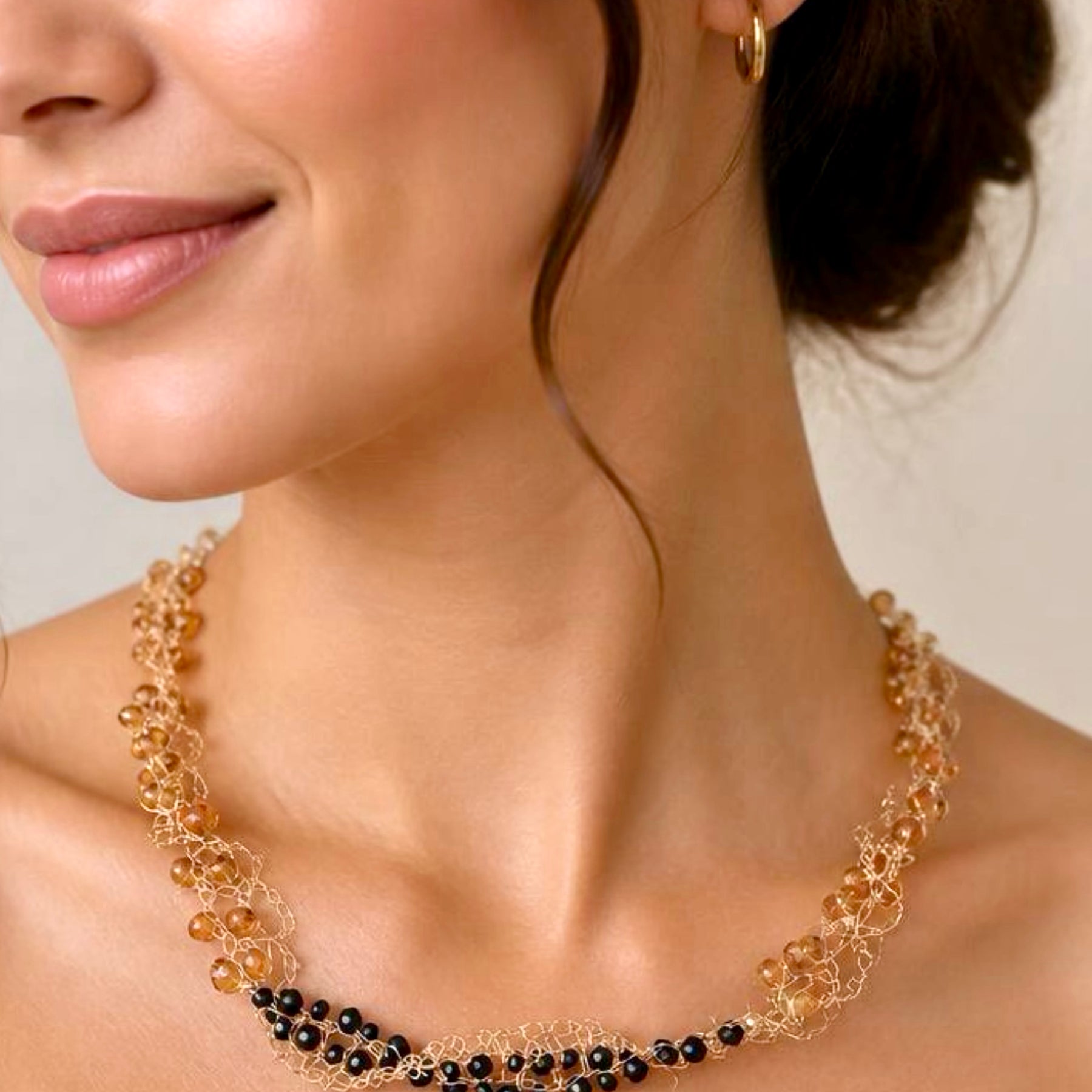 “Sunflower” Necklace — Amber & Black Onyx