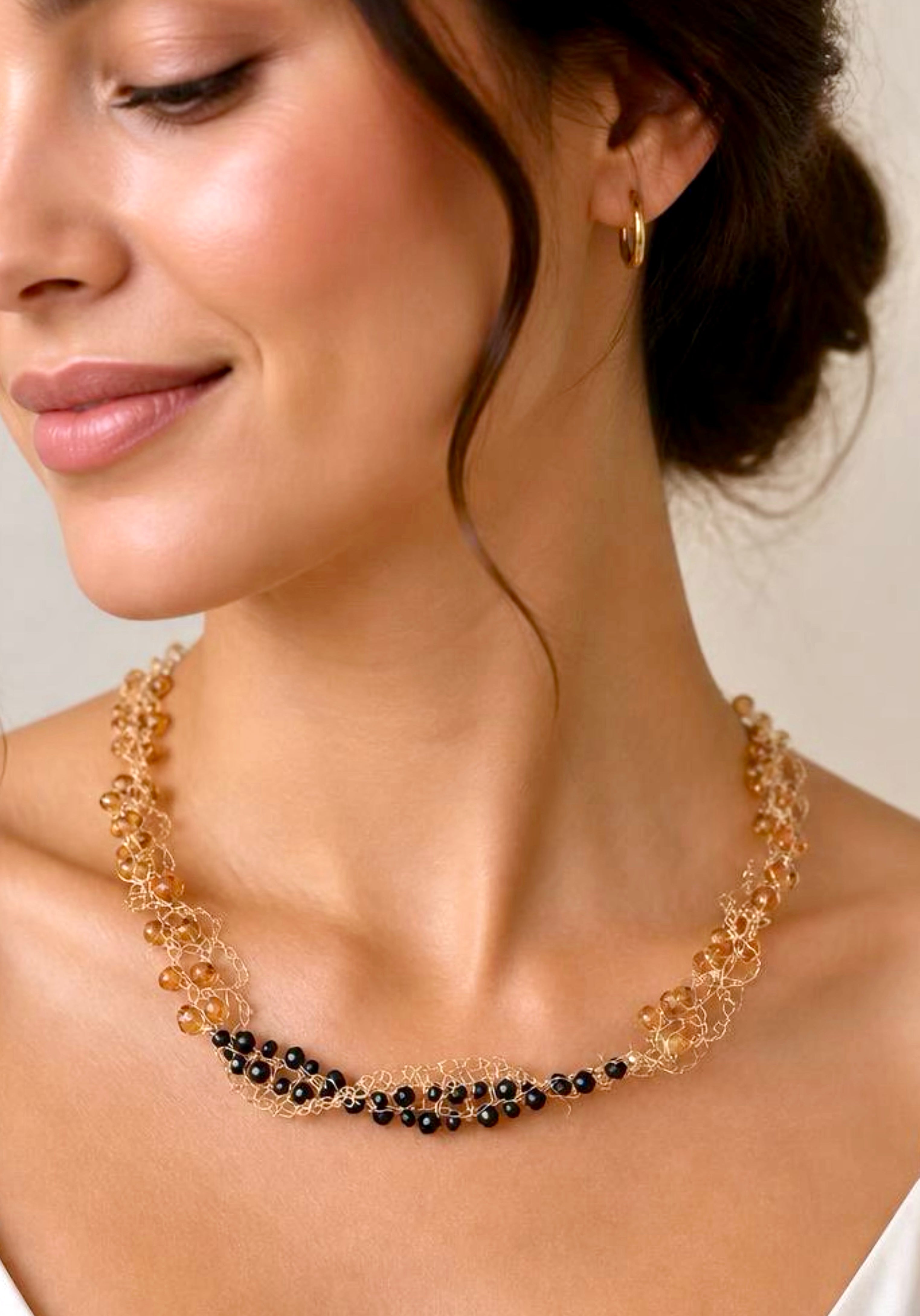“Sunflower” Necklace — Amber & Black Onyx