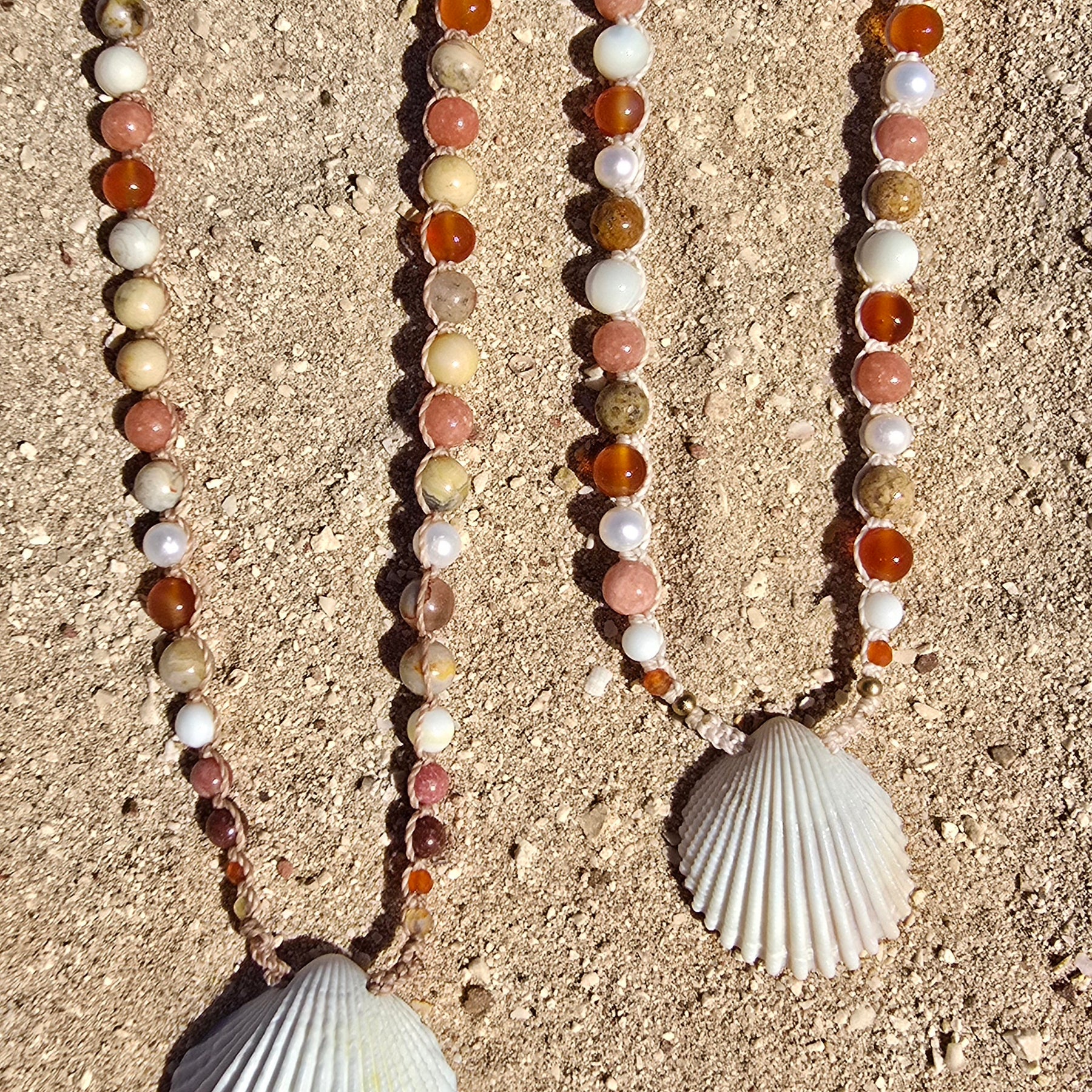 Cockle Shell Necklace Adjustable with Pearls and Gemstones