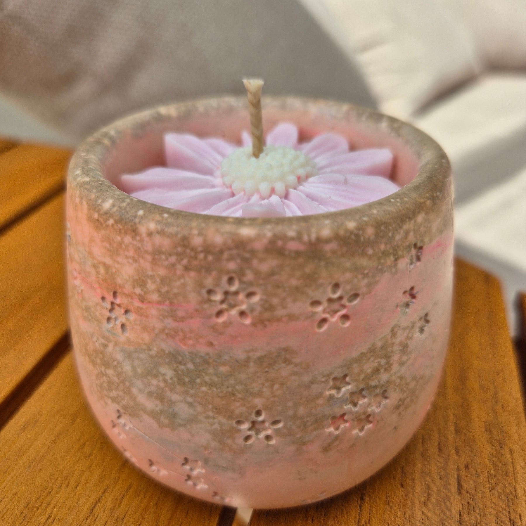 Pink and brown concrete soy wax tub candle with gardenia