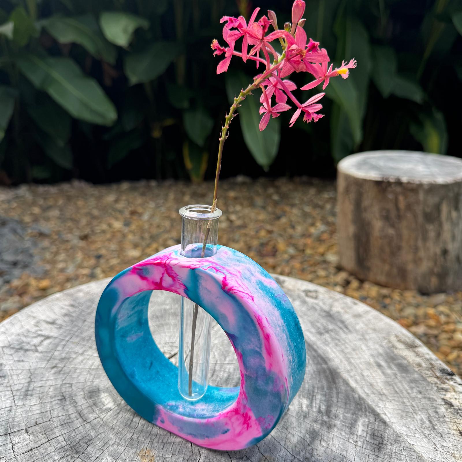 Turquoise and pink concrete test tube single stem vase