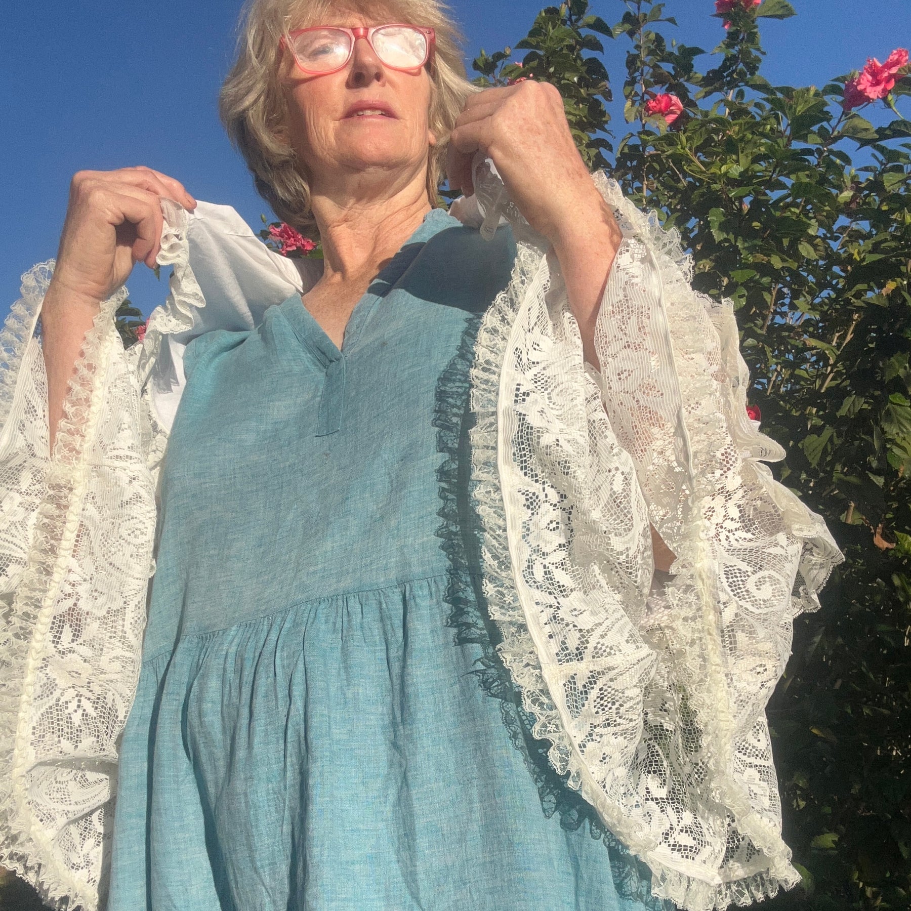 Upcycled White Linen Blend Bolero Sheer Lace Sleeves