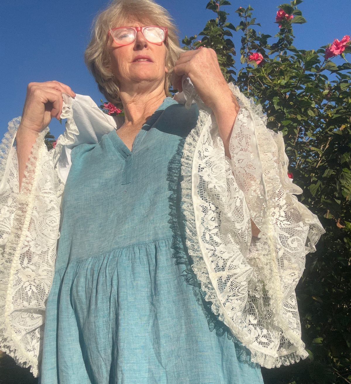 Upcycled White Linen Blend Bolero Sheer Lace Sleeves