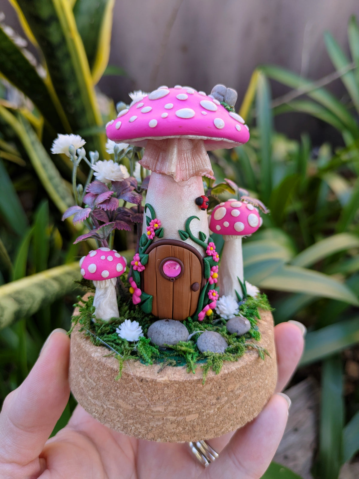 Pink Fairy Mushroom Houses in glass domes