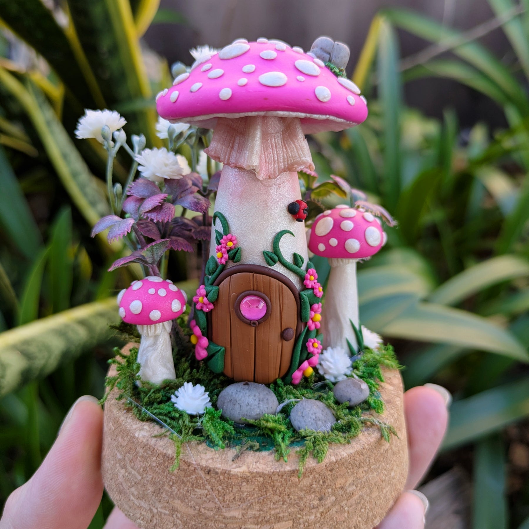 Pink Fairy Mushroom Houses in glass domes