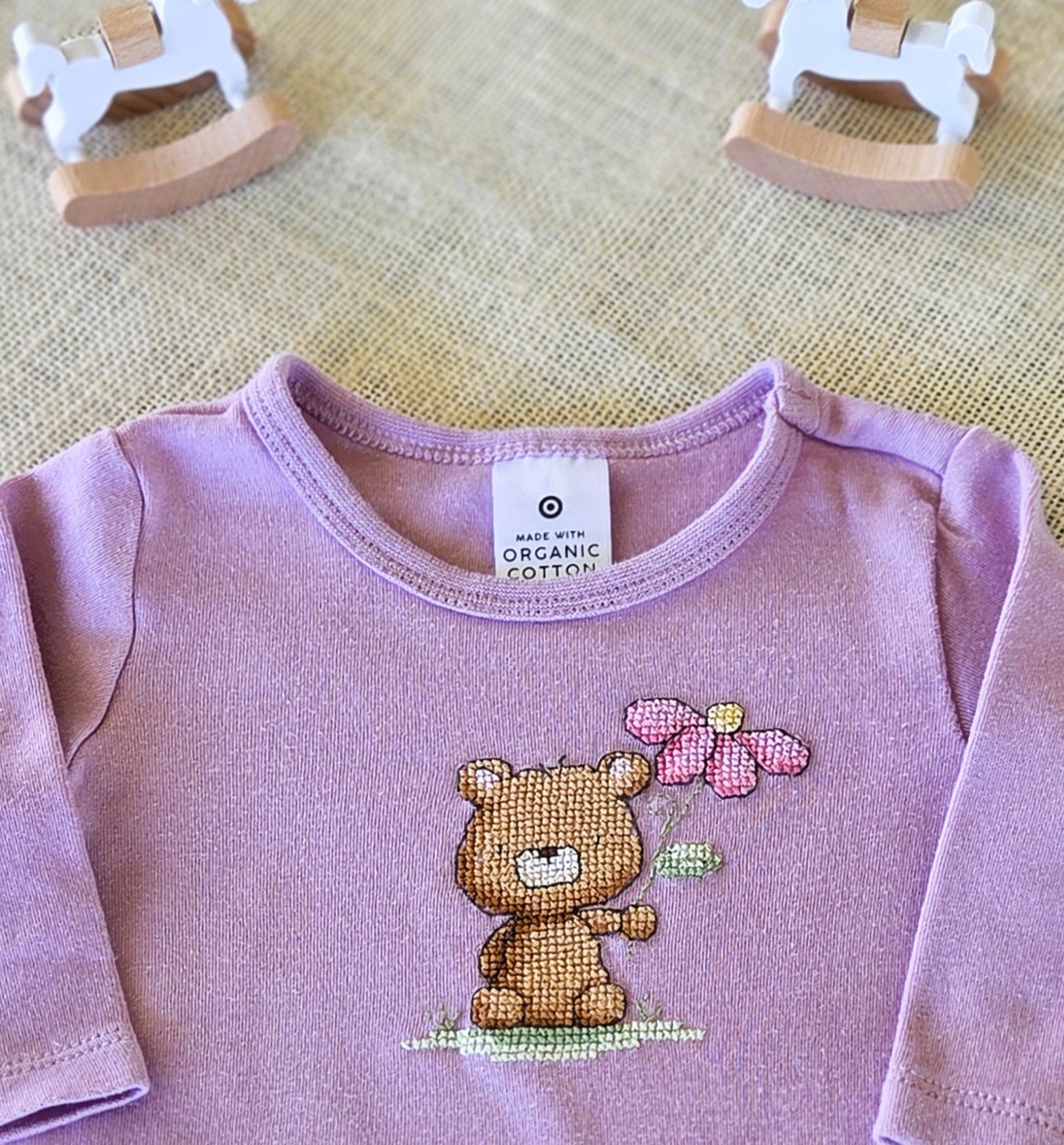 "Teddy & Flower" Long-Sleeve Lilac Onesie - Size 000 (0-3 Months)