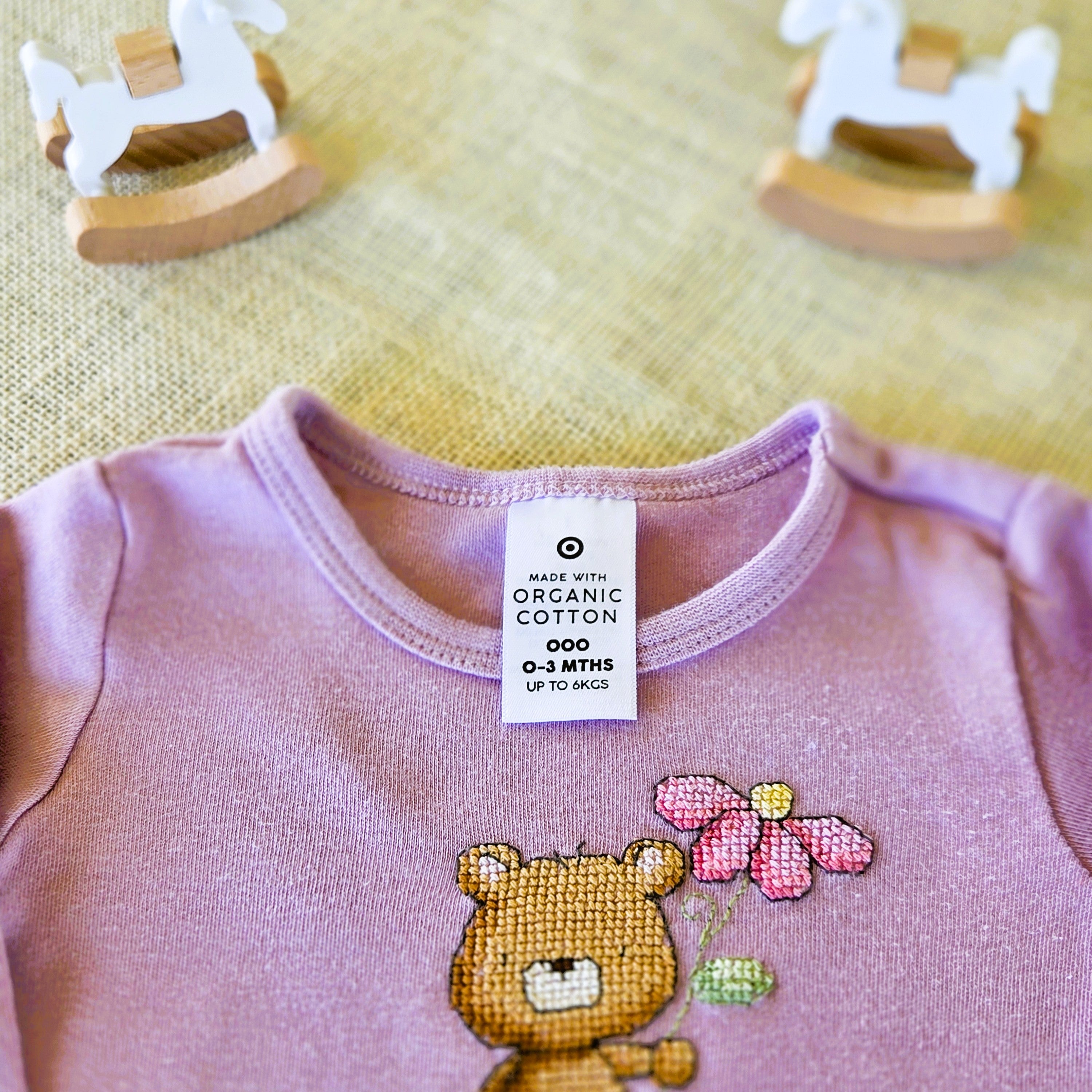 "Teddy & Flower" Long-Sleeve Lilac Onesie - Size 000 (0-3 Months)