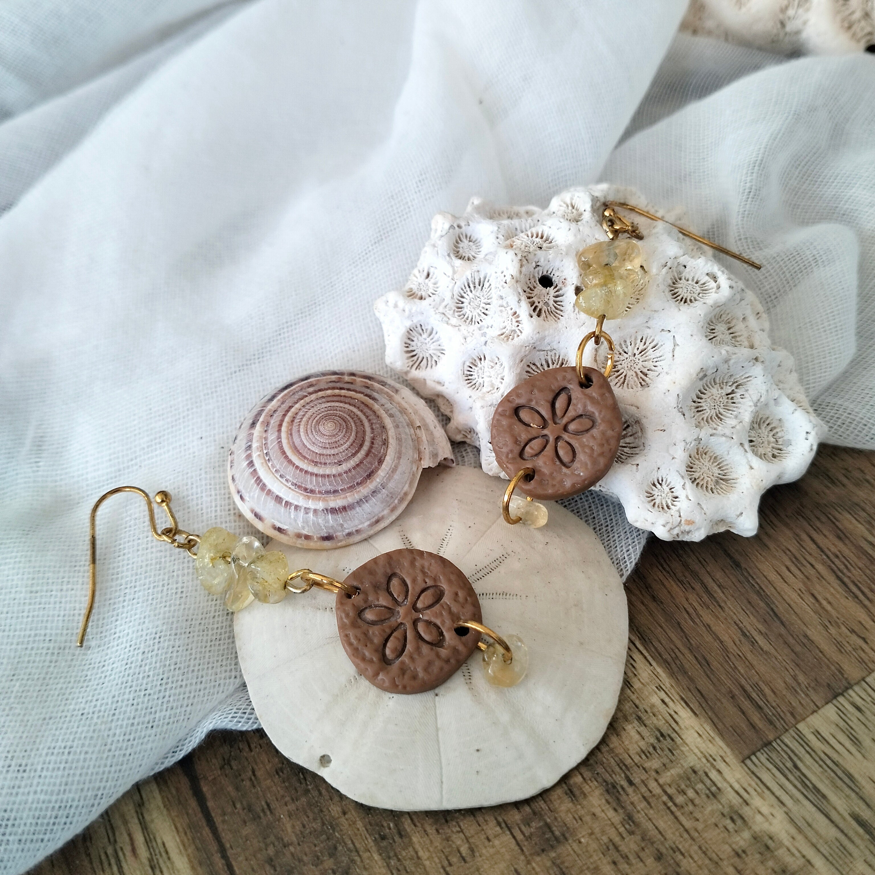 Earrings - "Honey and Sand" Sand Dollar - Artful Dangles