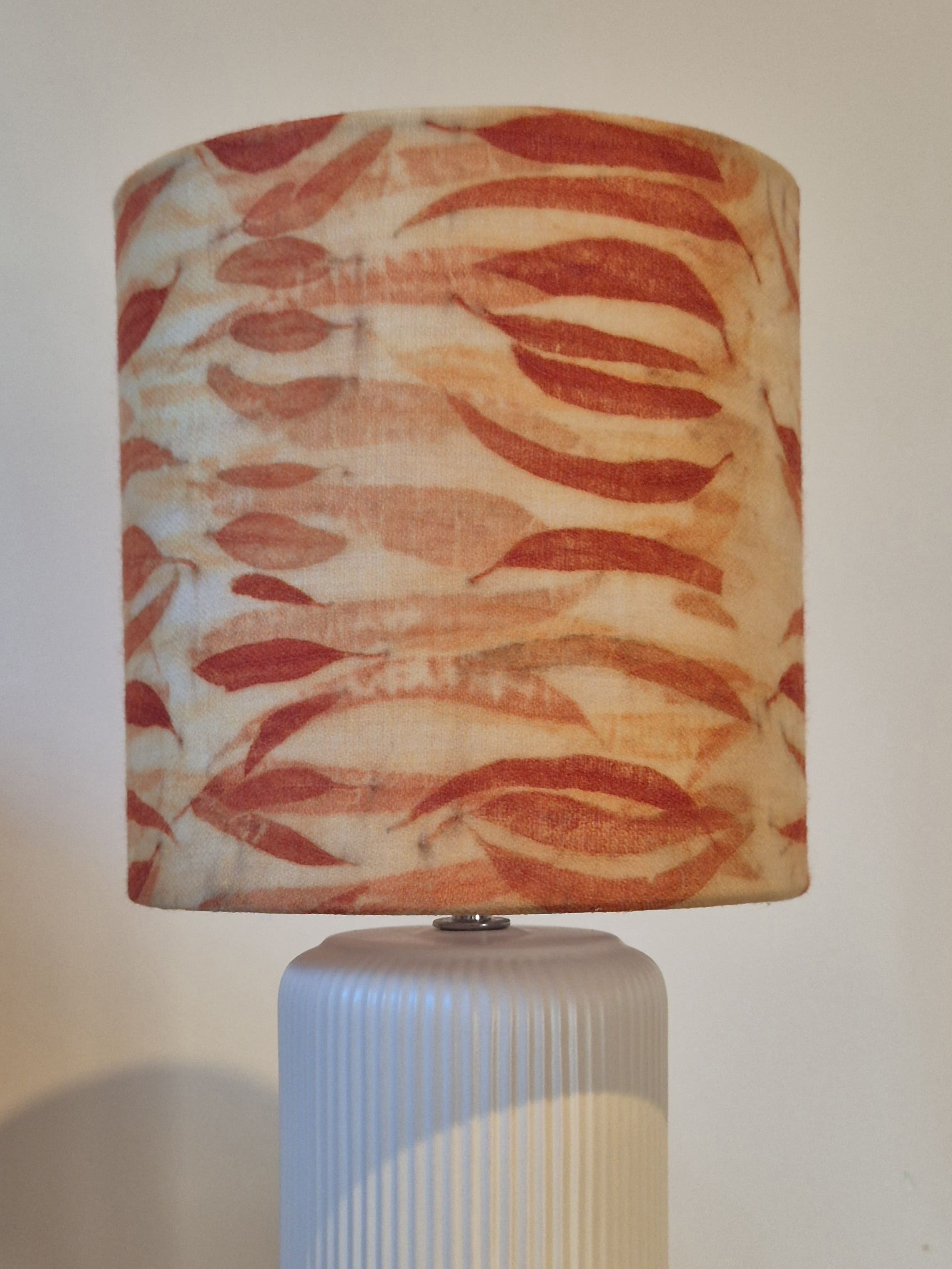 Unique lamp shade with hand printed eucalyptus leaves