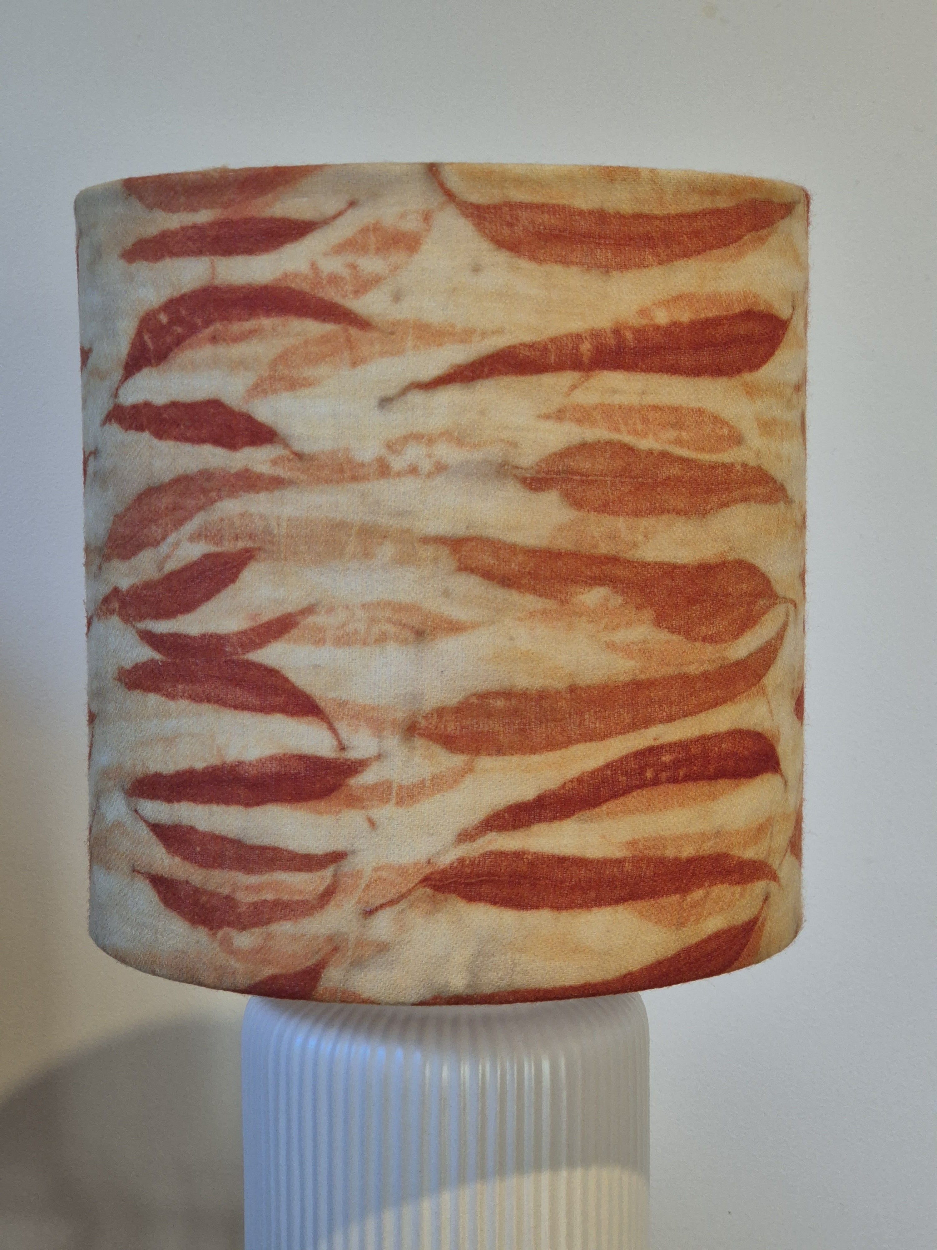 Unique lamp shade with hand printed eucalyptus leaves