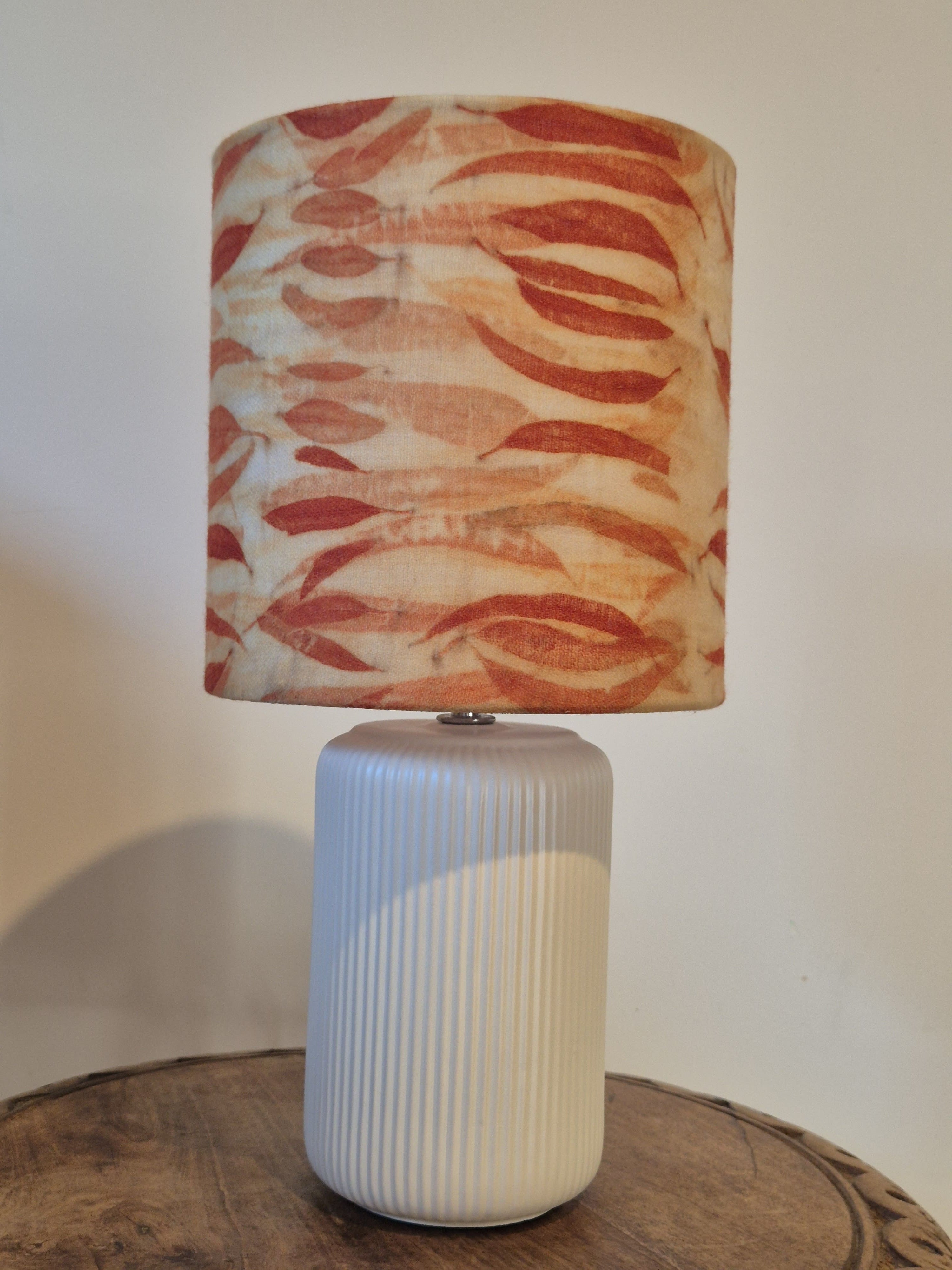 Unique lamp shade with hand printed eucalyptus leaves