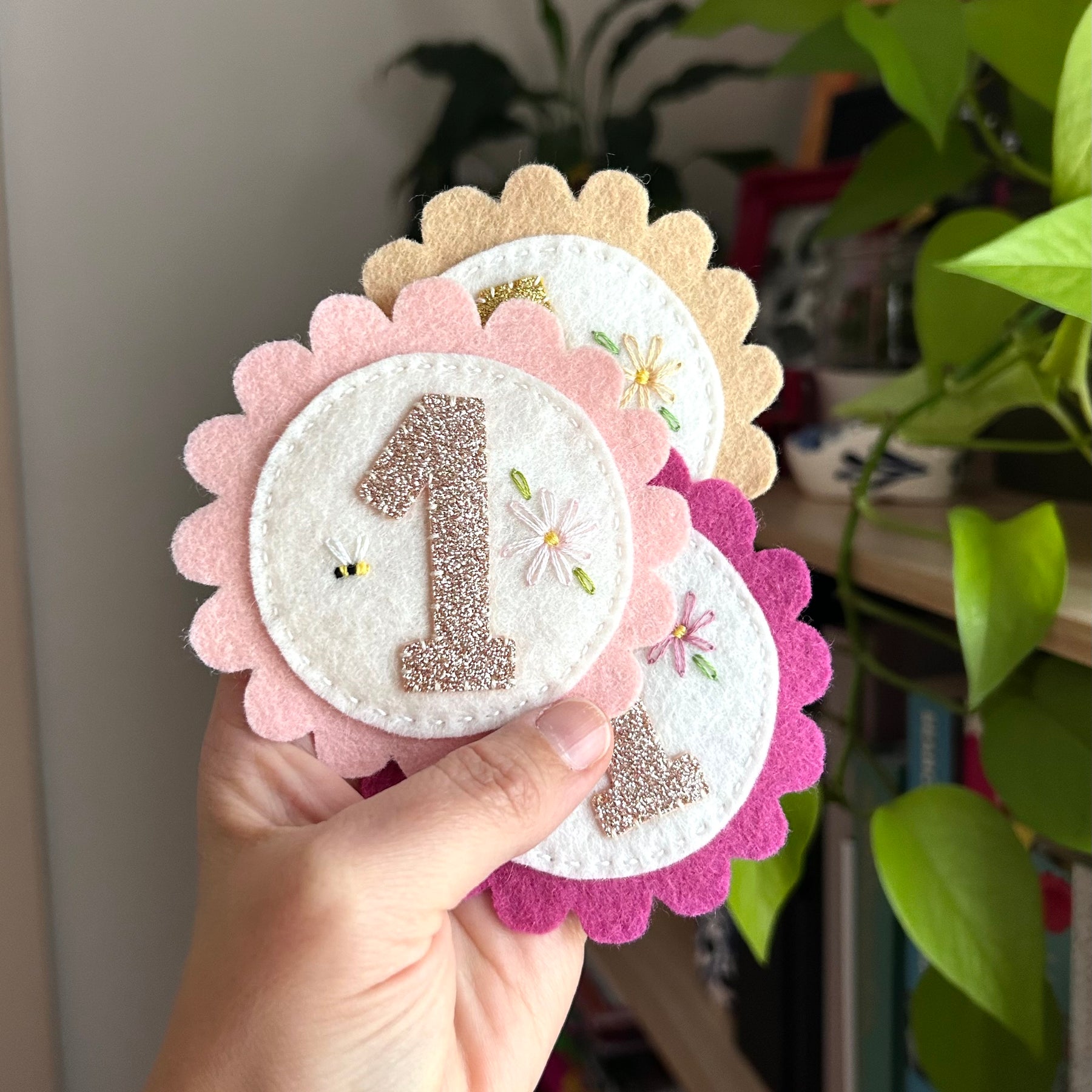 Birthday party badge, felt, embroidery, keepsake, heirloom