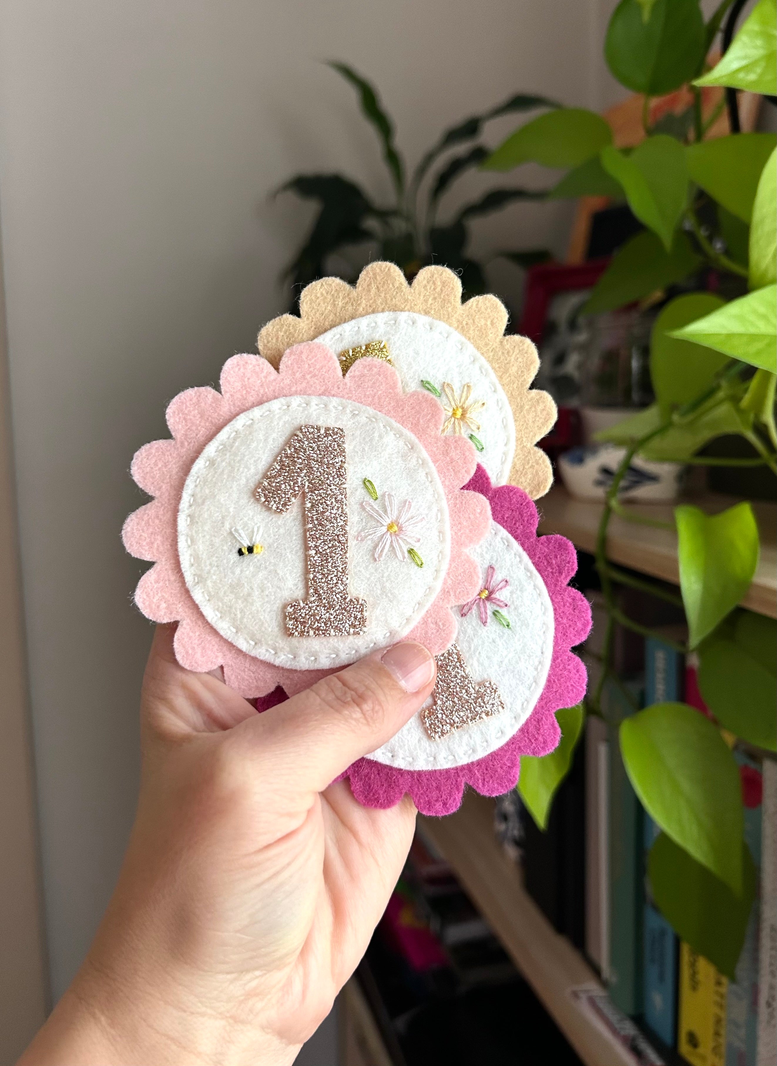 Birthday party badge, felt, embroidery, keepsake, heirloom