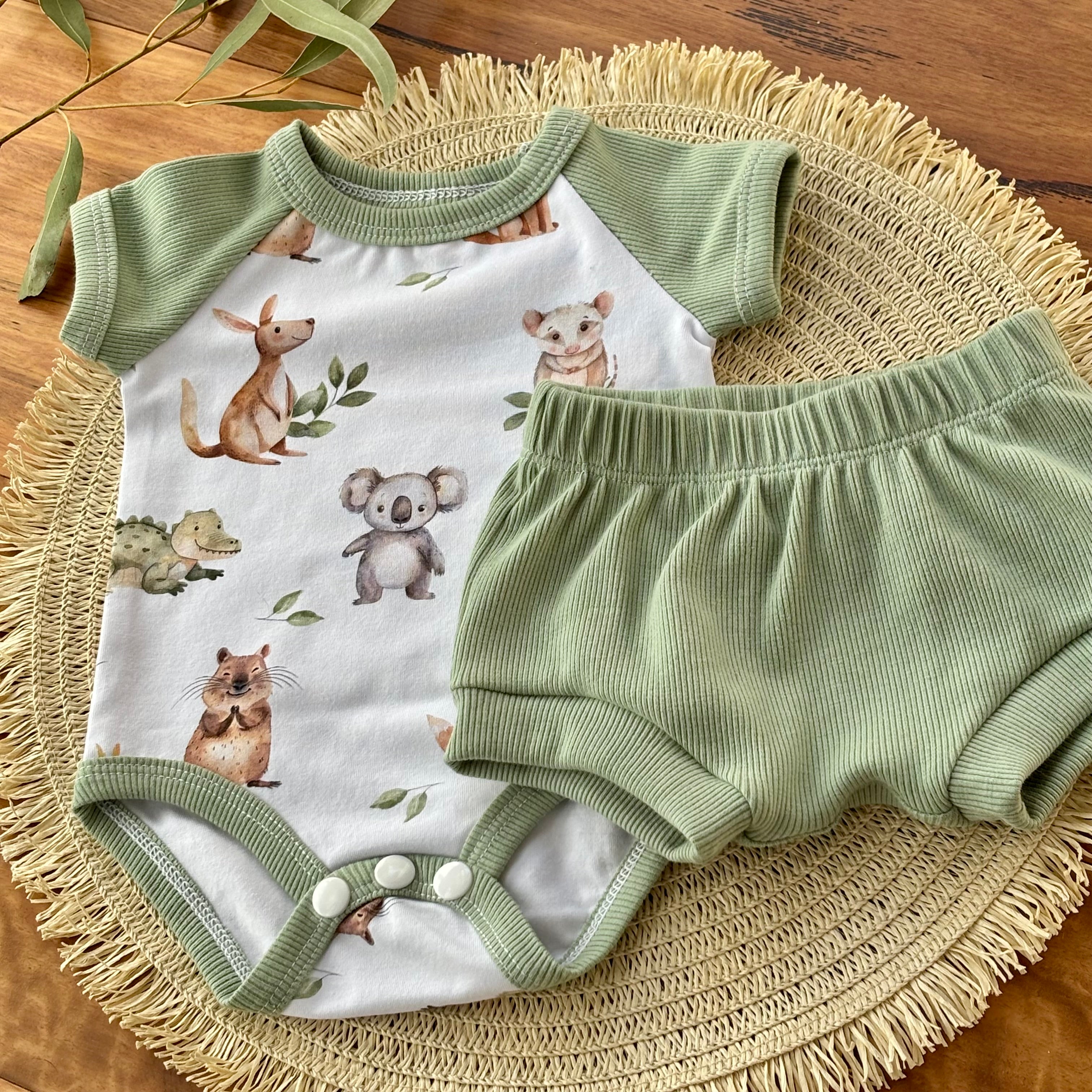 Baby Short Sleeved Bodysuit and Shorties | Green Aussie Animals | Size premmie to 2 | Made to order
