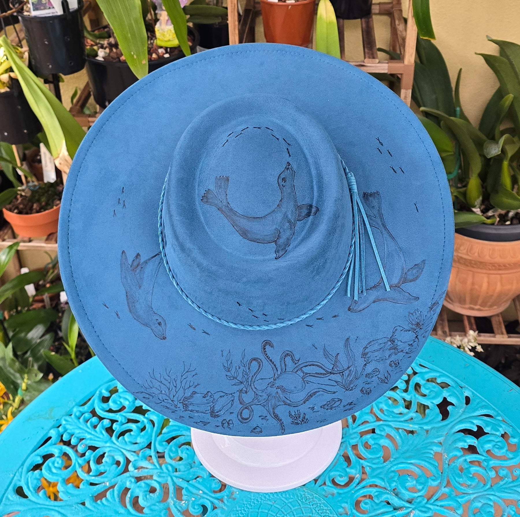 Sea Lion dance - hand burnt round top fedora
