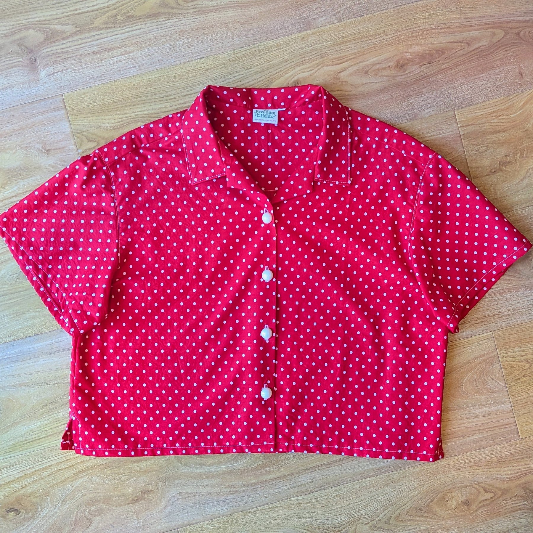 Upcycled Cotton Polka Dot Crop Button-up Shirt (Red & White / Size L)
