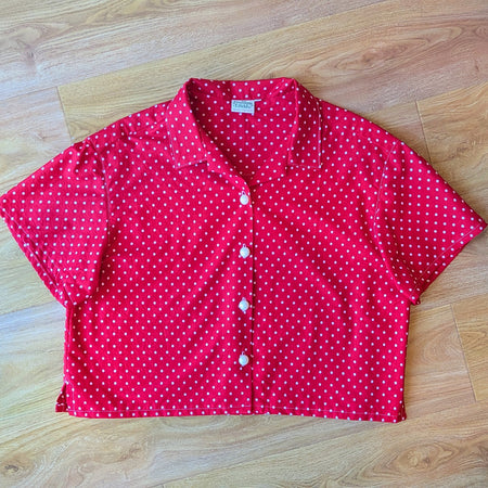 Upcycled Cotton Polka Dot Crop Button-up Shirt (Red & White / Size L)