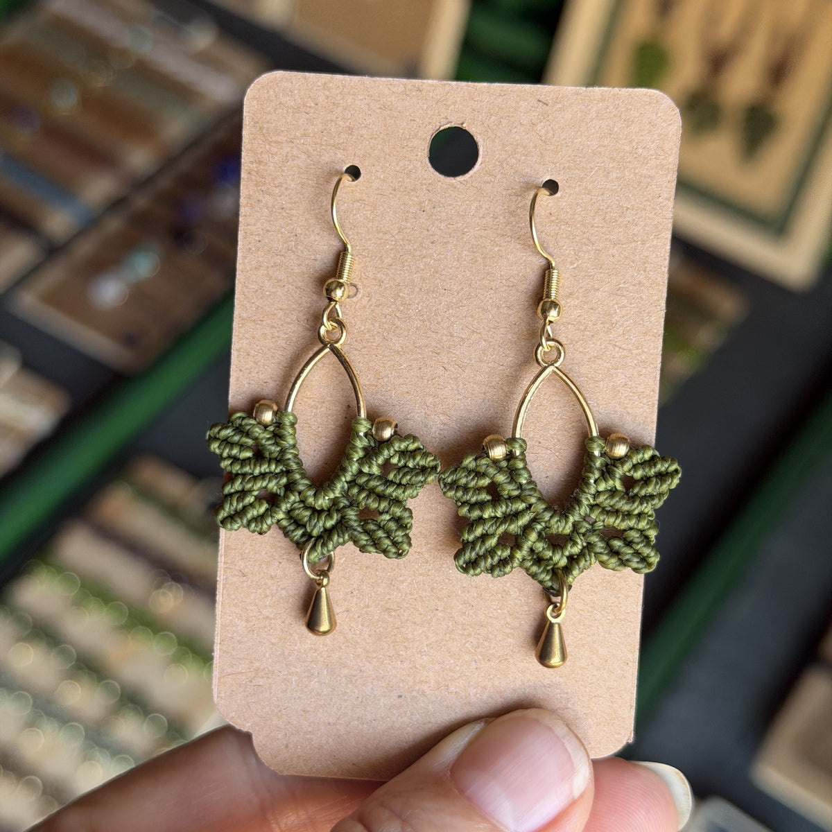 Macrame Brass Elipse Hoop with Leaf - earthy forest fae collection
