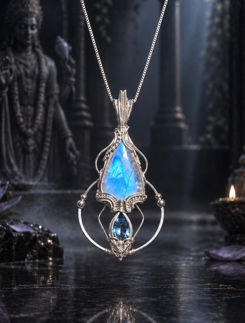 Moonstone, mystic Quartz fantasy geometry pendant