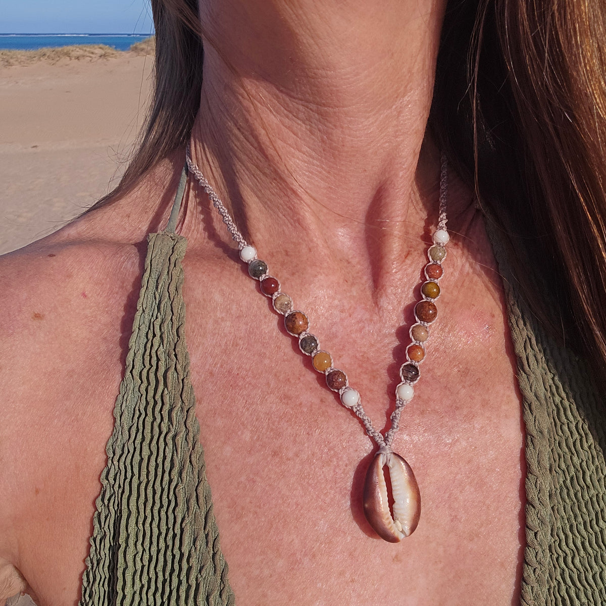 Cowrie Shell and Ocean Agate macrame Necklace