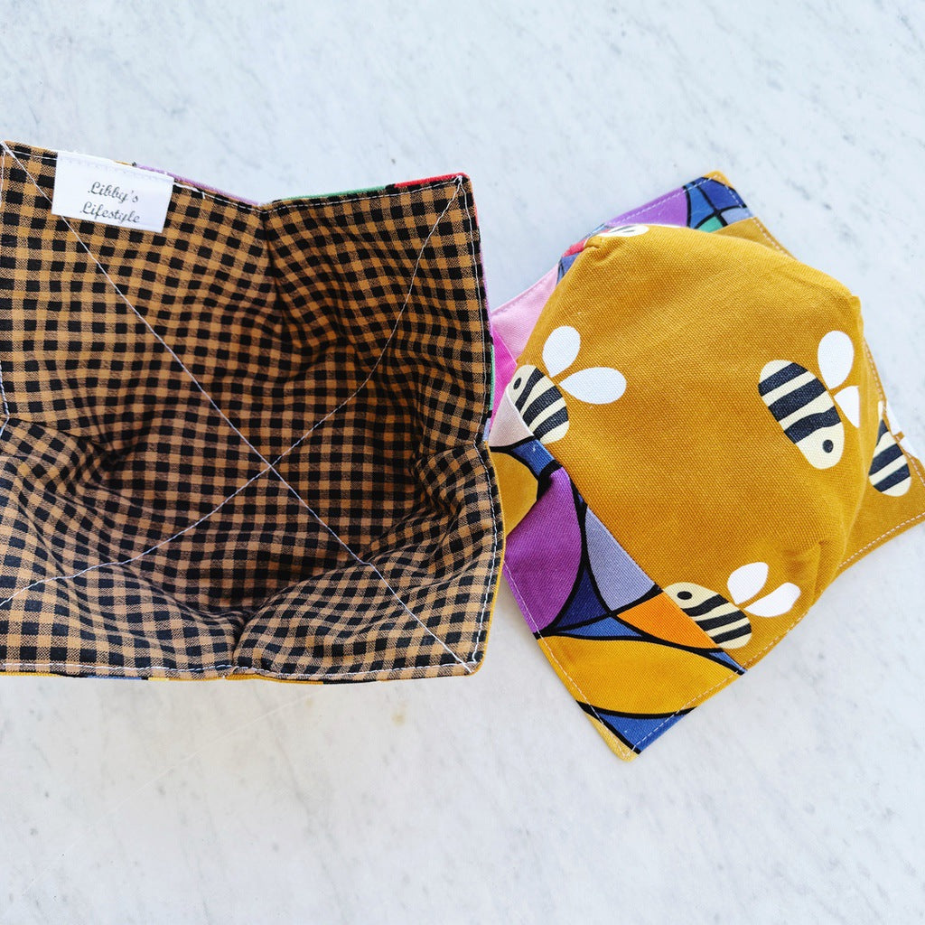 Set of two, bees microwave bowl cosies. Soup and porridge hot bowl holders.