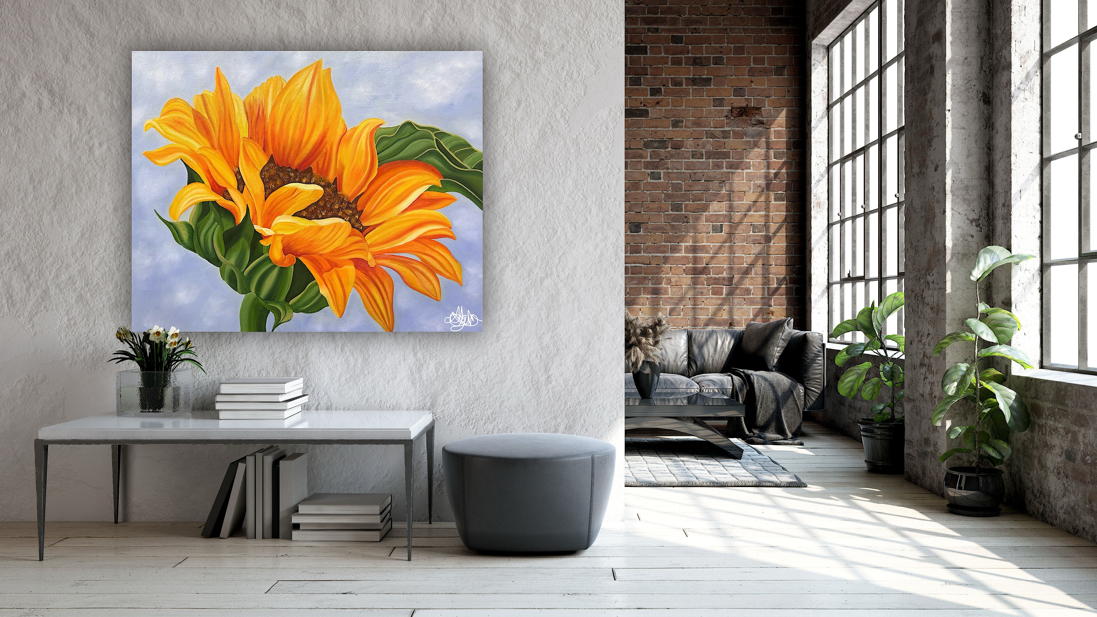 Sunshine Beneath a Blue Sky - Original Oil Painting of a Sunflower - Hand Painted