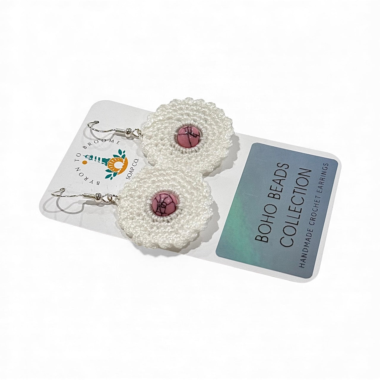 Crochet Earrings - White with Pink Turquoise Beads