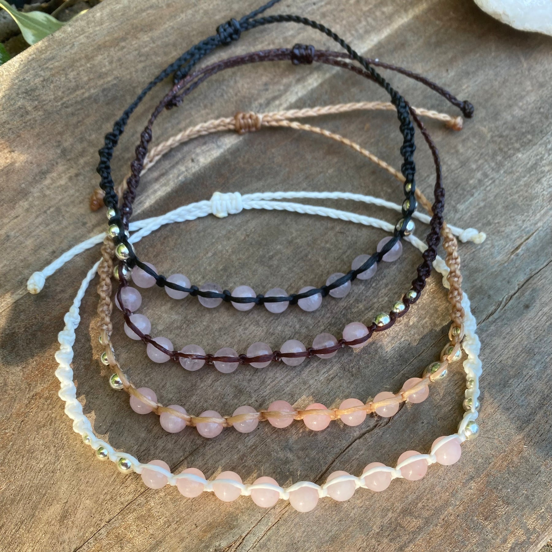 Rose Quartz Beaded Anklet: Macrame Adjustable Waterproof