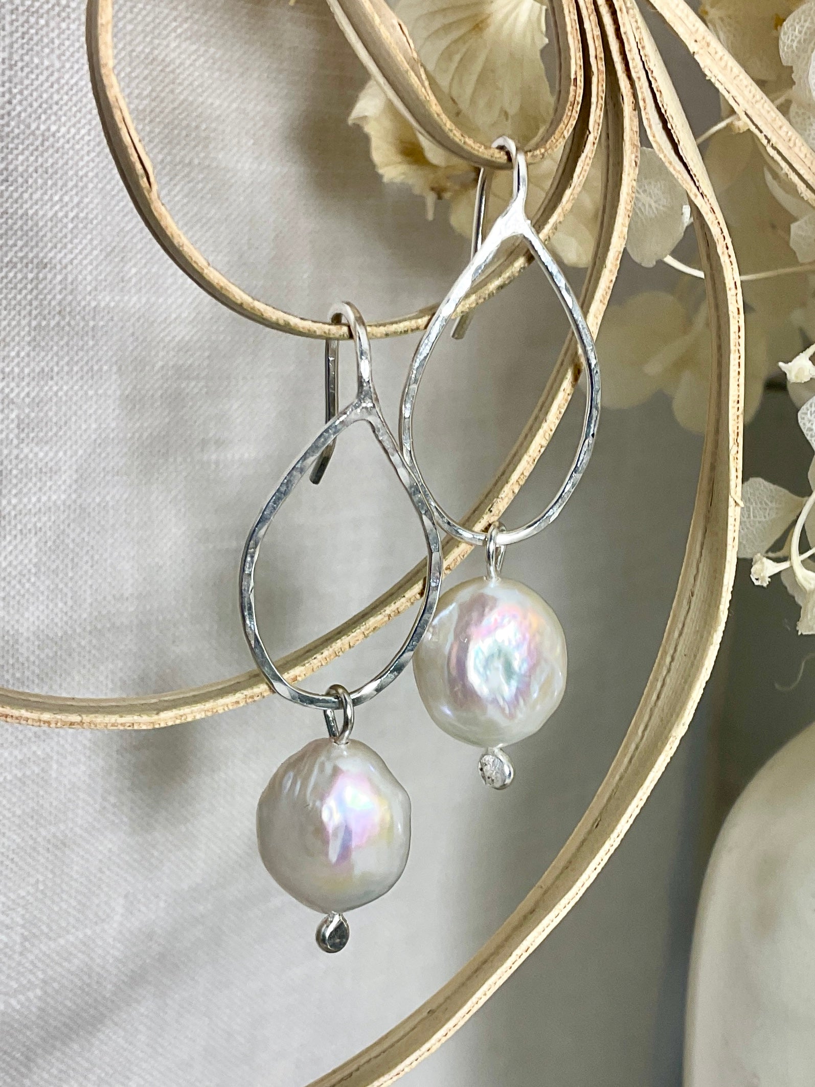 Pearl and argentium silver tear drop earrings.