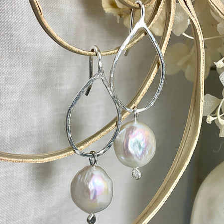 Pearl and argentium silver tear drop earrings.