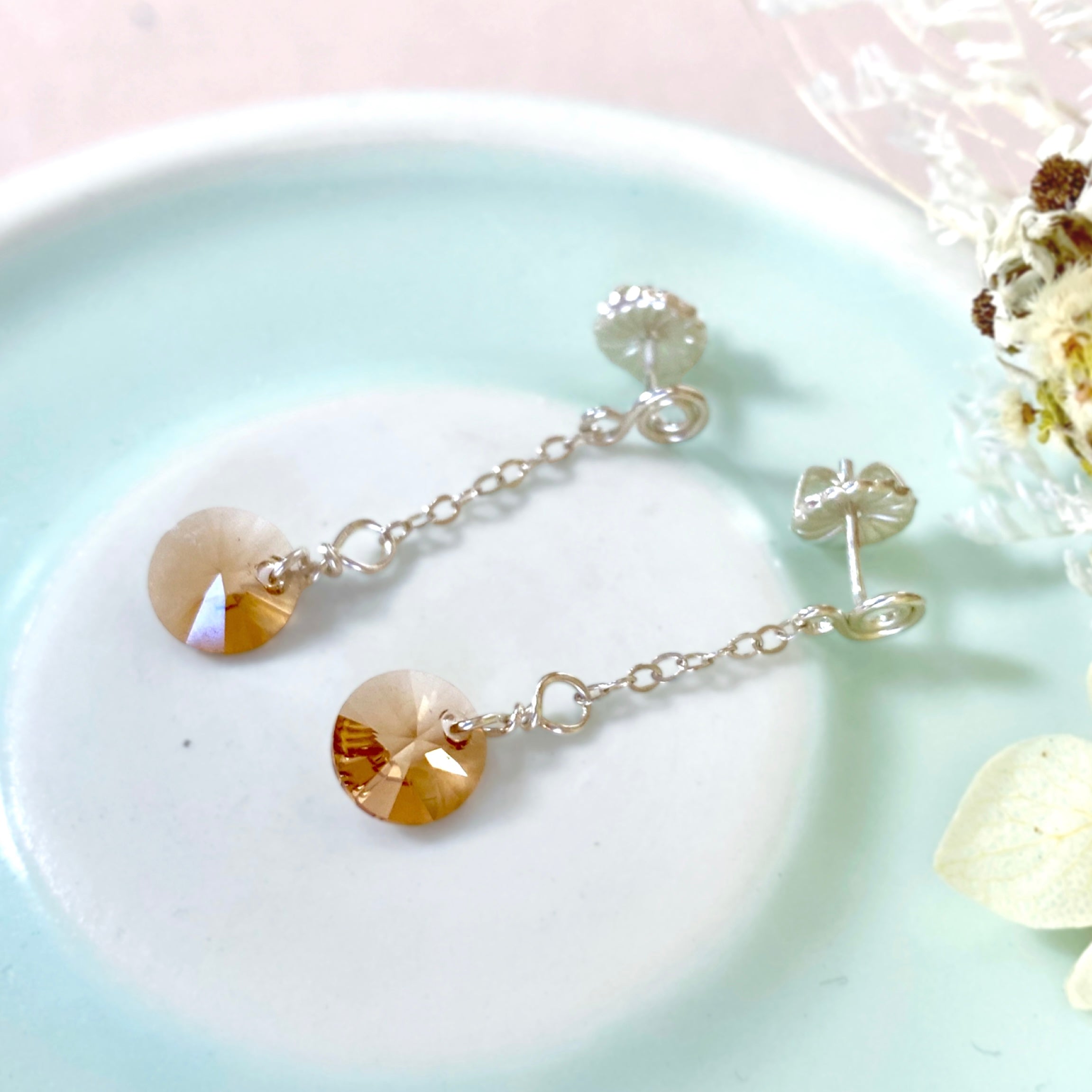 Light Rose crystal dangle earrings | Sterling silver | Stud with chain | Libra birthstone gift