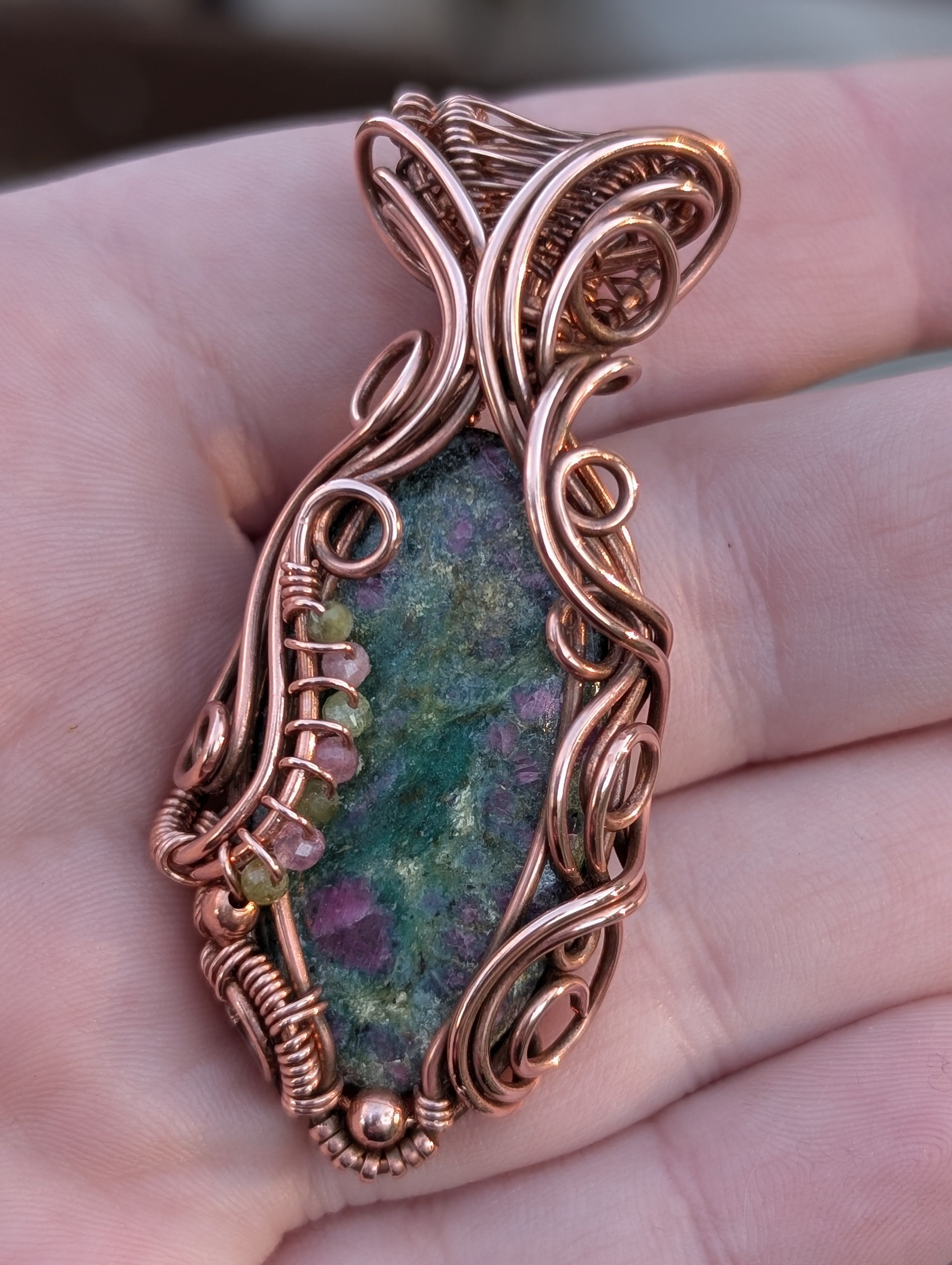 Floral - Ruby Fuchsite & Tourmaline in Copper Pendant