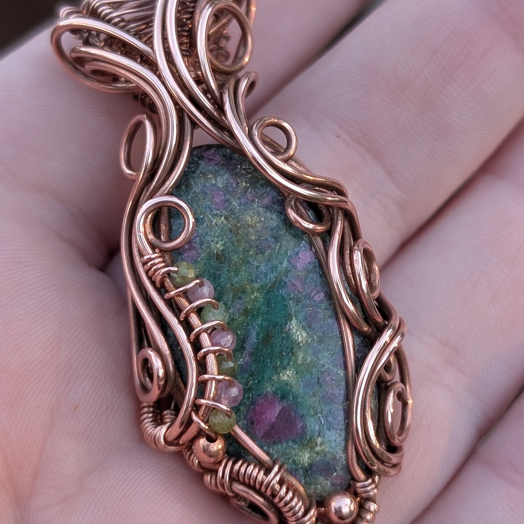 Floral - Ruby Fuchsite & Tourmaline in Copper Pendant