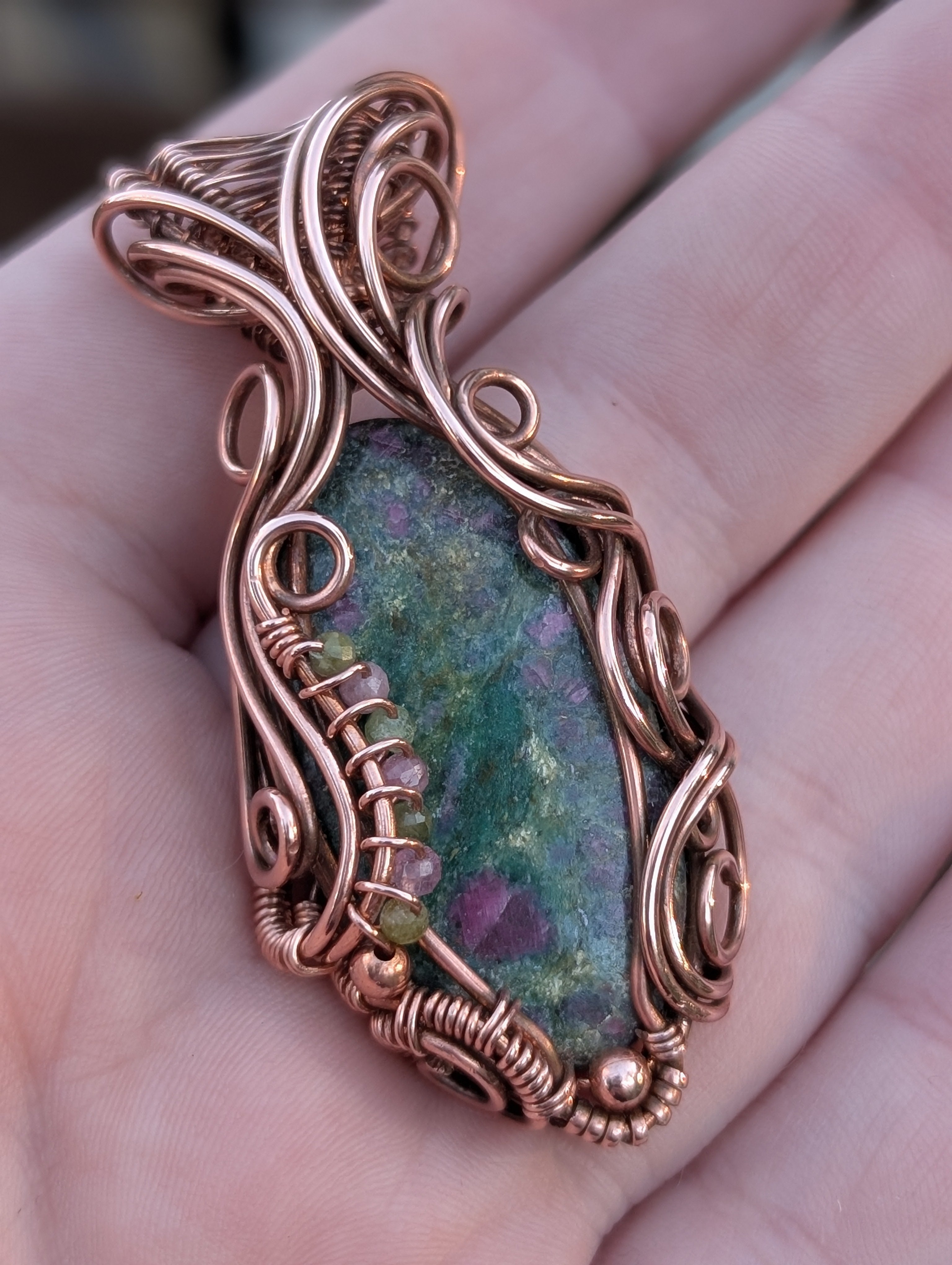 Floral - Ruby Fuchsite & Tourmaline in Copper Pendant