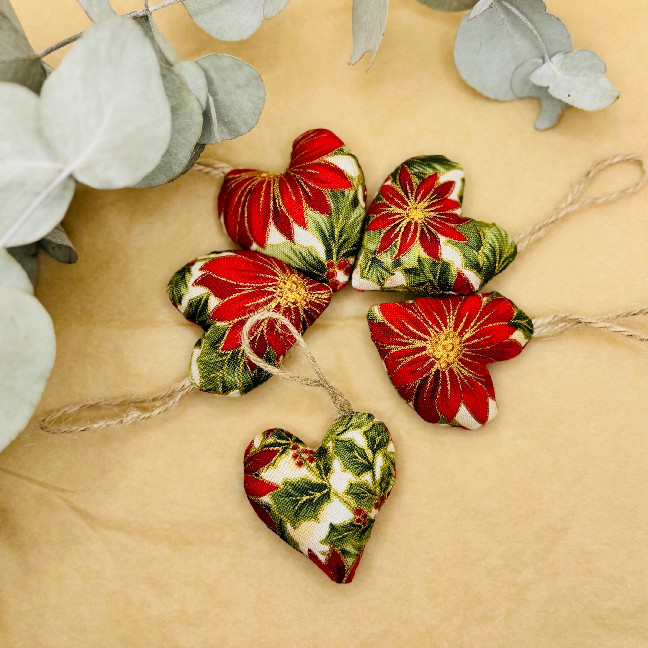 Handmade Red & Green Poinsettia Christmas Hearts