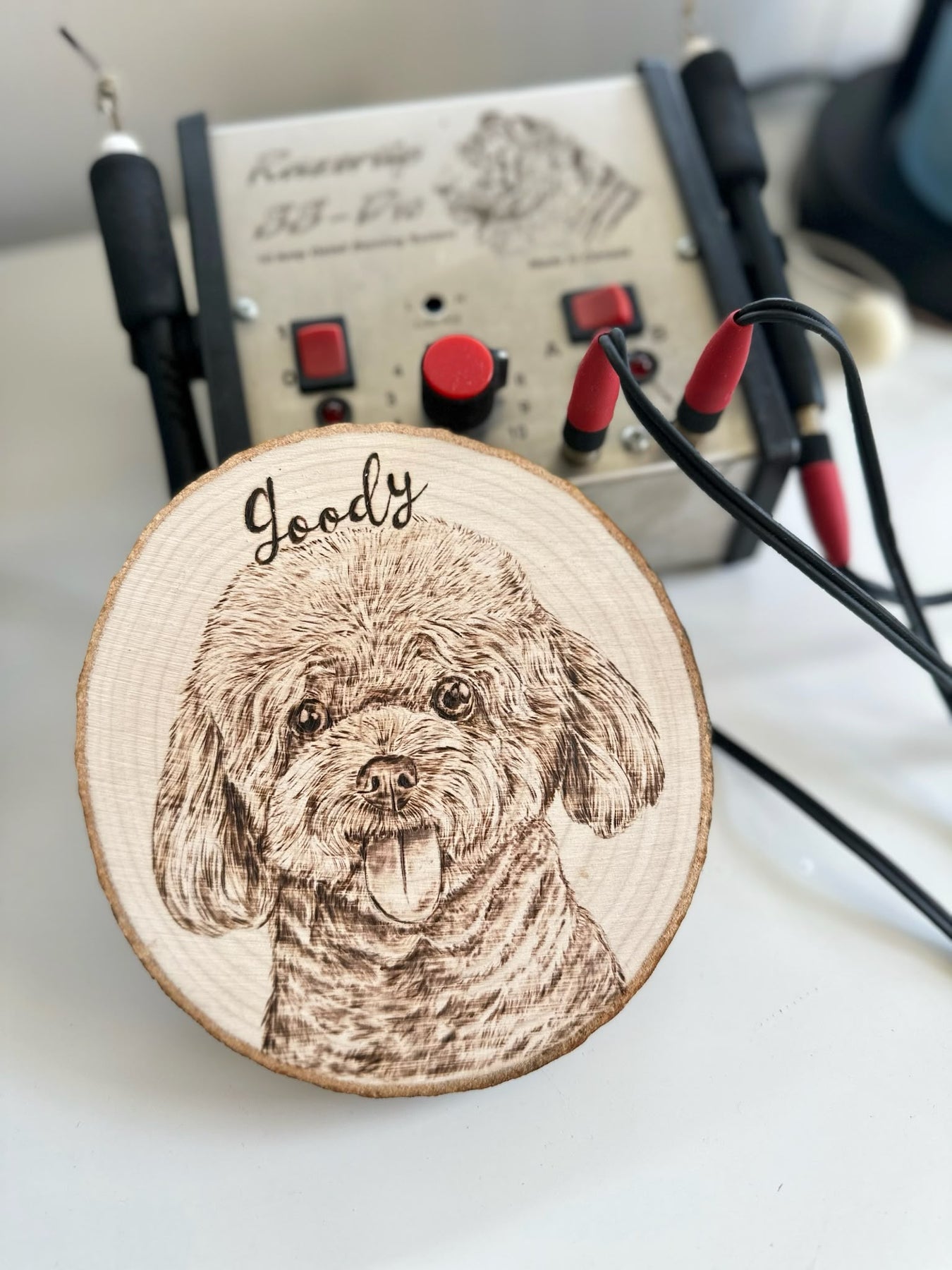 Natural Wood Circle Custom Pet Portrait – Hand-Burned Pyrography Art